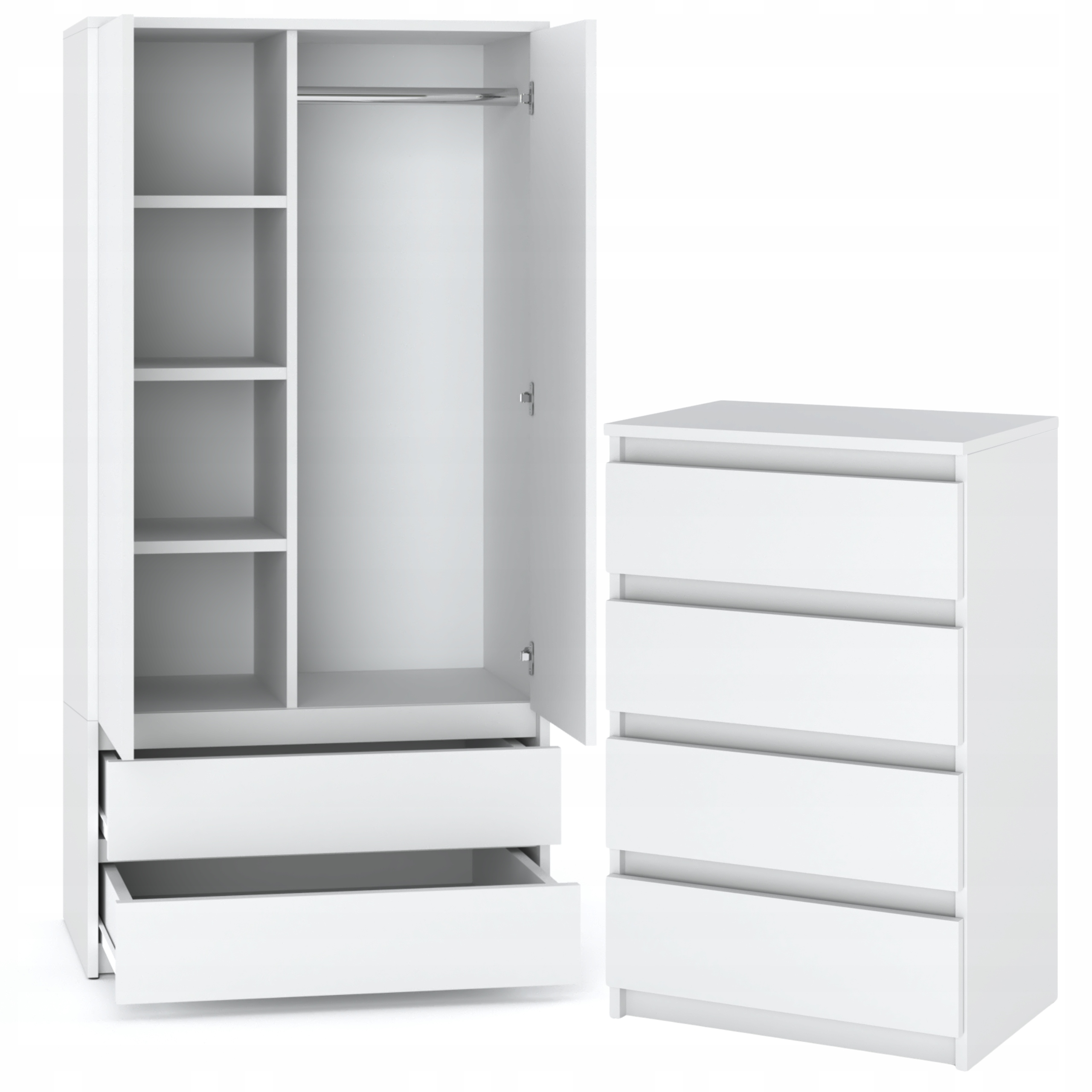 Set De Meuble De Rangement - Armoire 90 Cm + Commode 4 Tiroirs 60cm - Blanc - Moderne Et Pratique