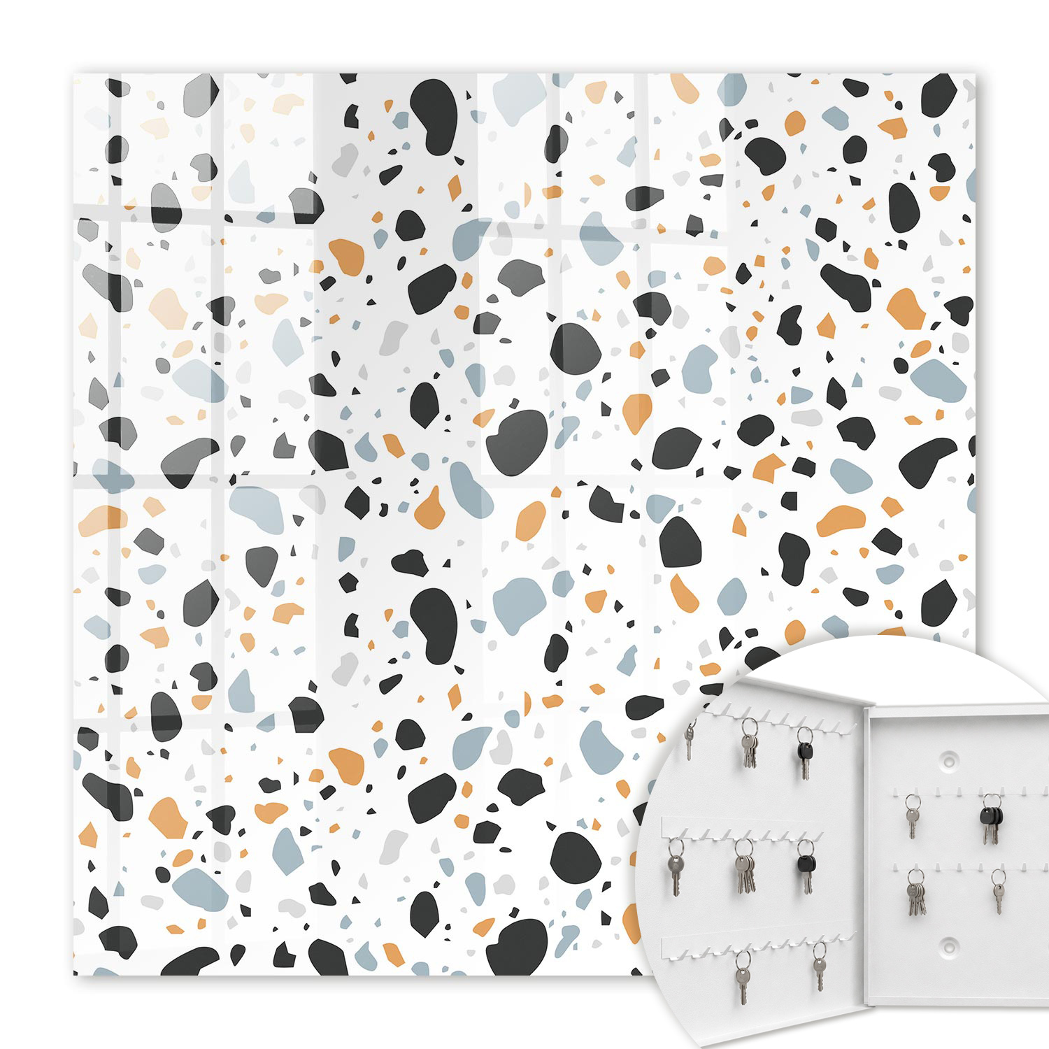 Armoire À Clés - (30 Cm X 30 Cm) - Boîte À Clés Murale - Coffret De Rangement Pour Clés - Couleur Blanche - Ouverture Vers La Gauche - Pour Maison Et Bureau - Motif Terrazzo