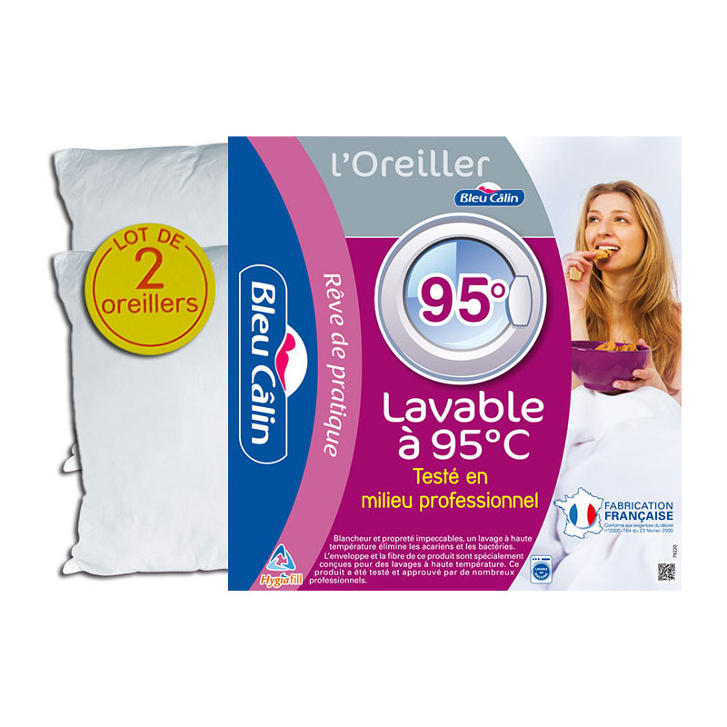 Lot De 2 Oreillers Hotelier À Bouillir Hygiafil 60 X 60 Cm "bleu Calin"