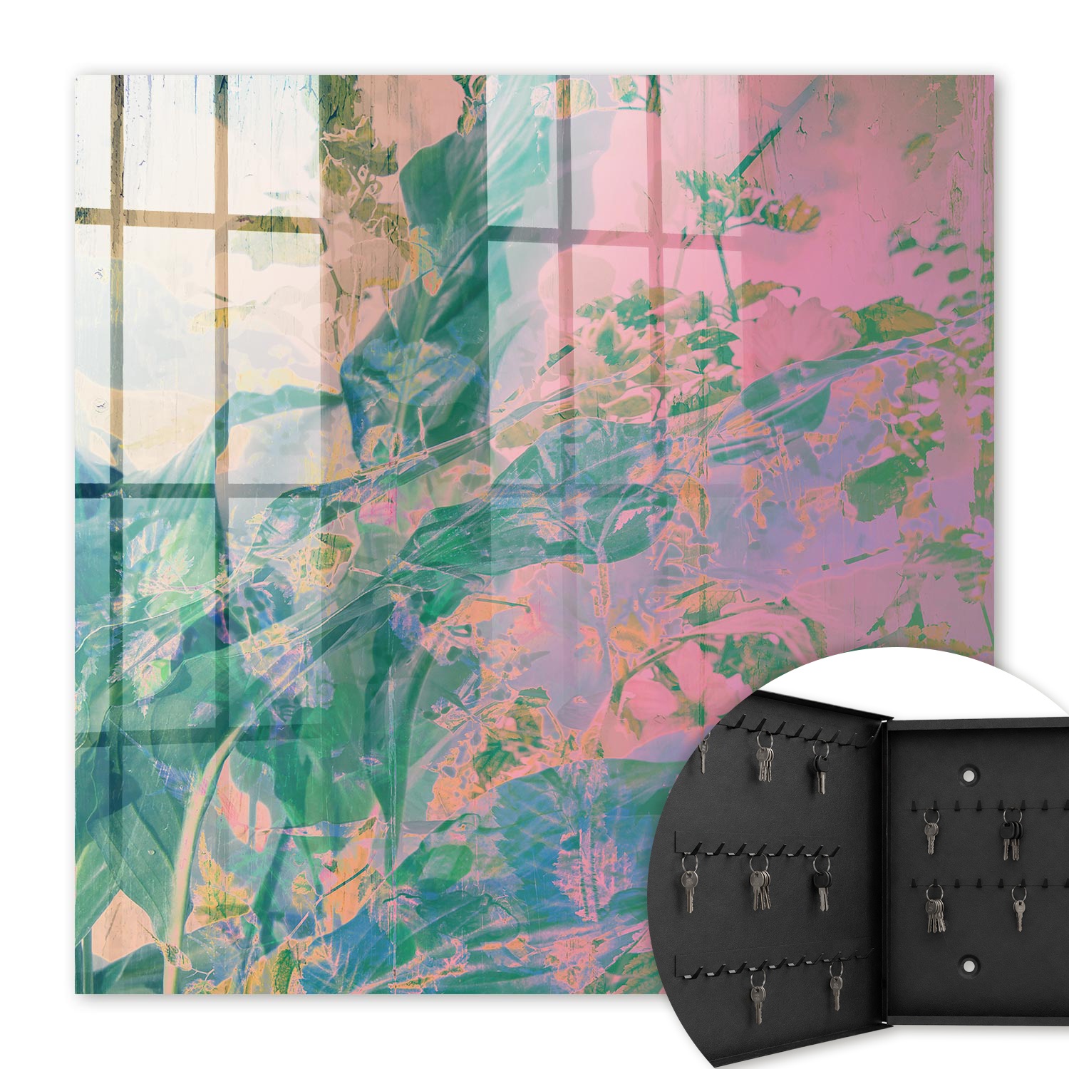 Armoire À Clés - (30 Cm X 30 Cm) - Boîte À Clés Murale - Coffret De Rangement Pour Clés - Couleur Noire - Ouverture Vers La Gauche - Pour Maison Et Bureau - Abstraction Végétale