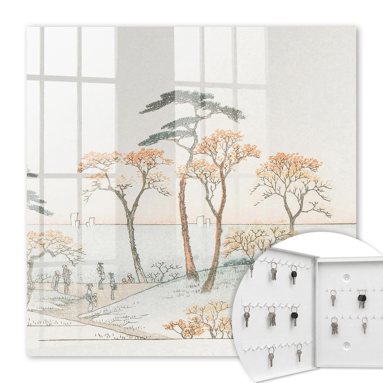 Armoire À Clés - (30 Cm X 30 Cm) - Boîte À Clés Murale - Coffret De Rangement Pour Clés - Couleur Blanche - Ouverture Vers La Gauche - Pour Maison Et Bureau - Paysage Japonais