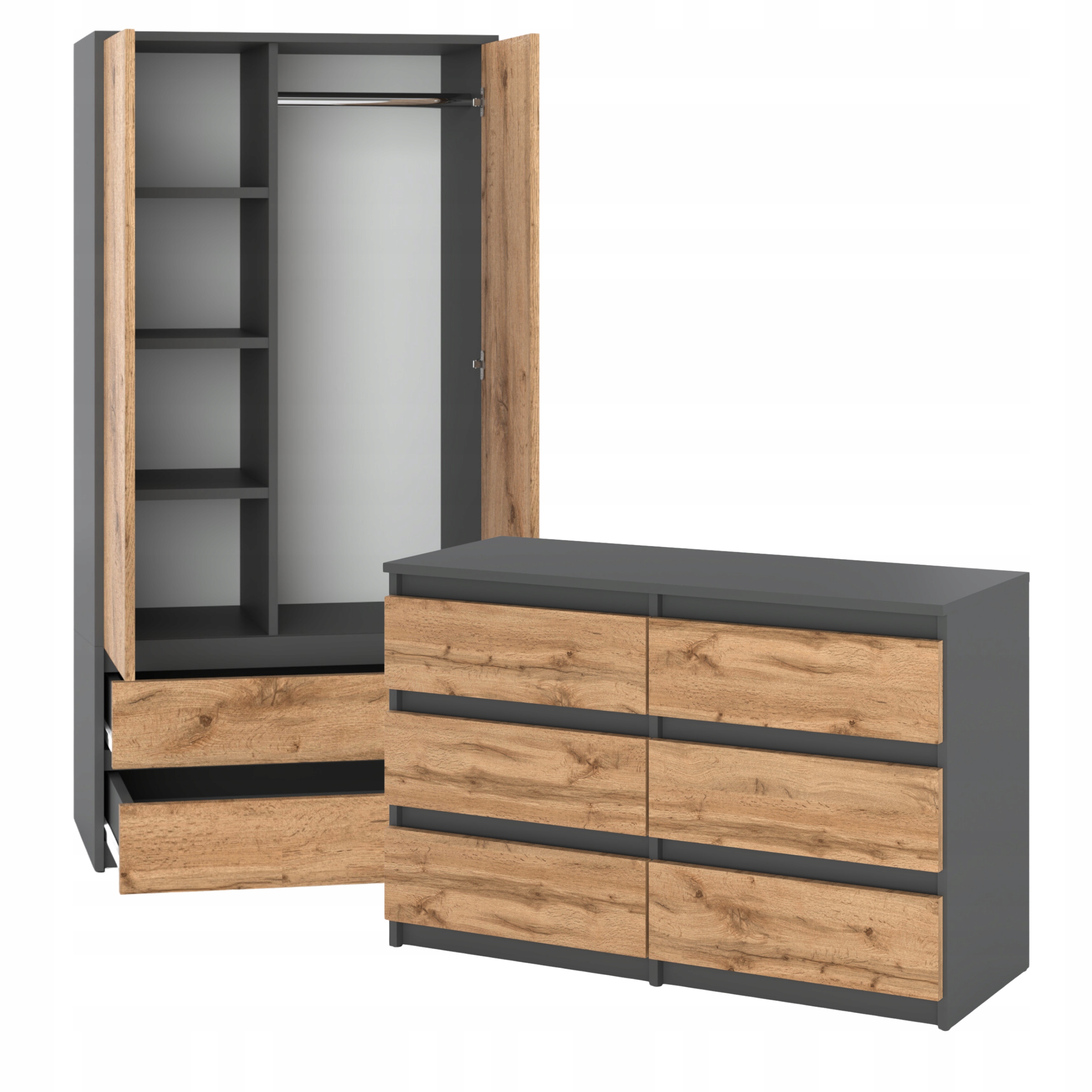 Set De Meuble De Rangement - Armoire 90 Cm + Commode 6 Tiroirs 100cm - Gris+ Chêne Wotan- Moderne Et Pratique