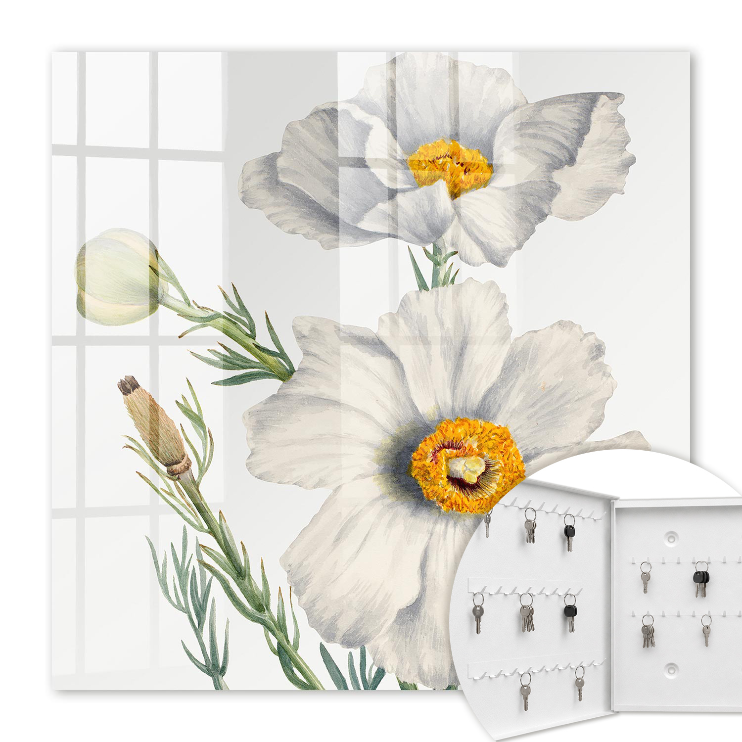 Armoire À Clés - (30 Cm X 30 Cm) - Boîte À Clés Murale - Coffret De Rangement Pour Clés - Couleur Blanche - Ouverture Vers La Gauche - Pour Maison Et Bureau - Fleurs Nature