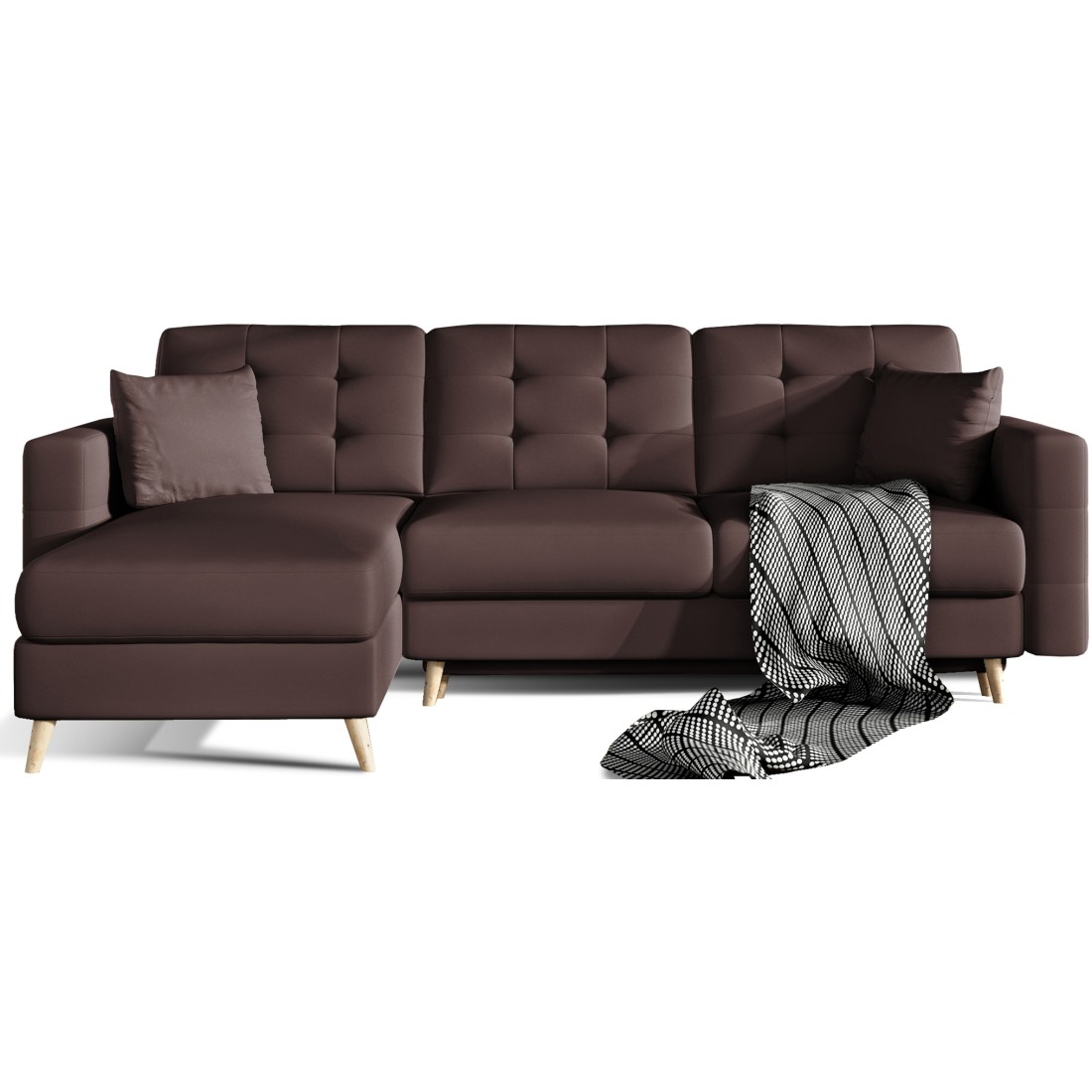 Canapé D'Angle Convertible Hasgard 3 Places Marron 248x162 Cm - Coffre Et Pieds Bois