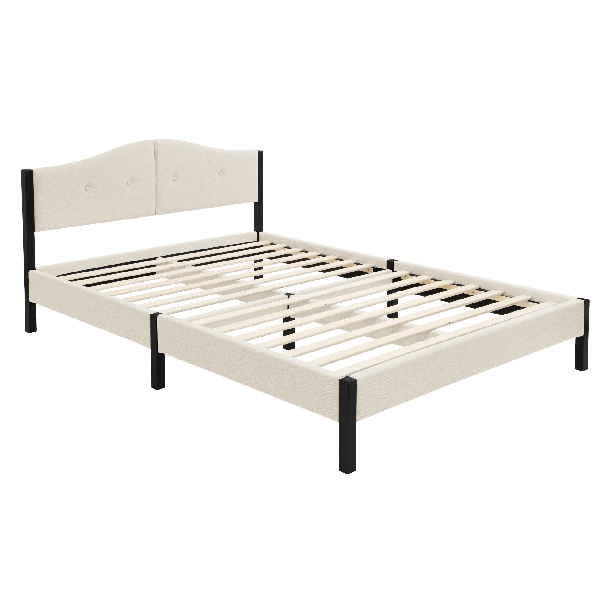 Ml-design Lit Rembourré 140x200 Cm Beige Cadre De Lit Double Avec Sommier À Lattes Et Têtière Capitonné En Tissu De Lin Structure Robuste Stable En Acier Mobilier Pour Chambre À Coucher Montage Simple