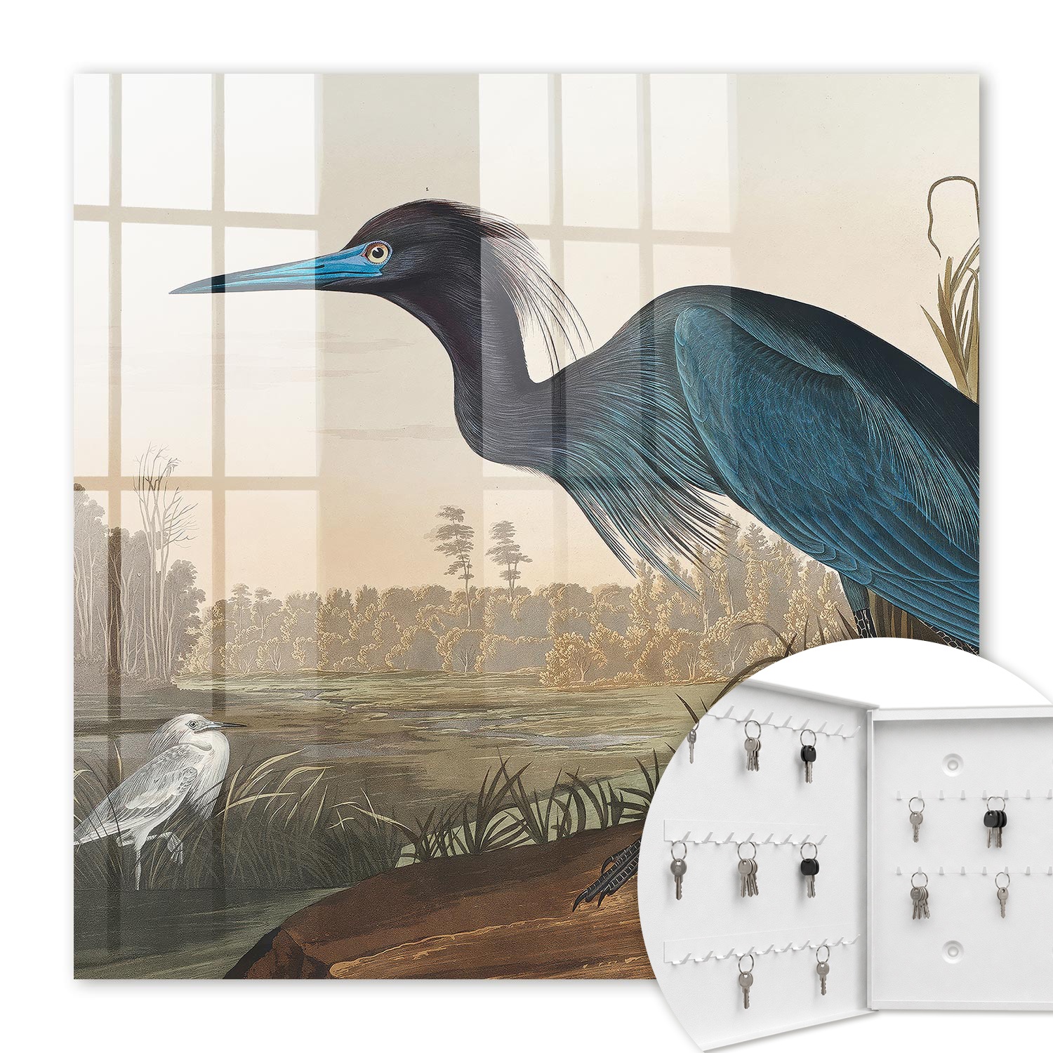 Armoire À Clés - (30 Cm X 30 Cm) - Boîte À Clés Murale - Coffret De Rangement Pour Clés - Couleur Blanche - Ouverture Vers La Gauche - Pour Maison Et Bureau - Oiseau Exotique