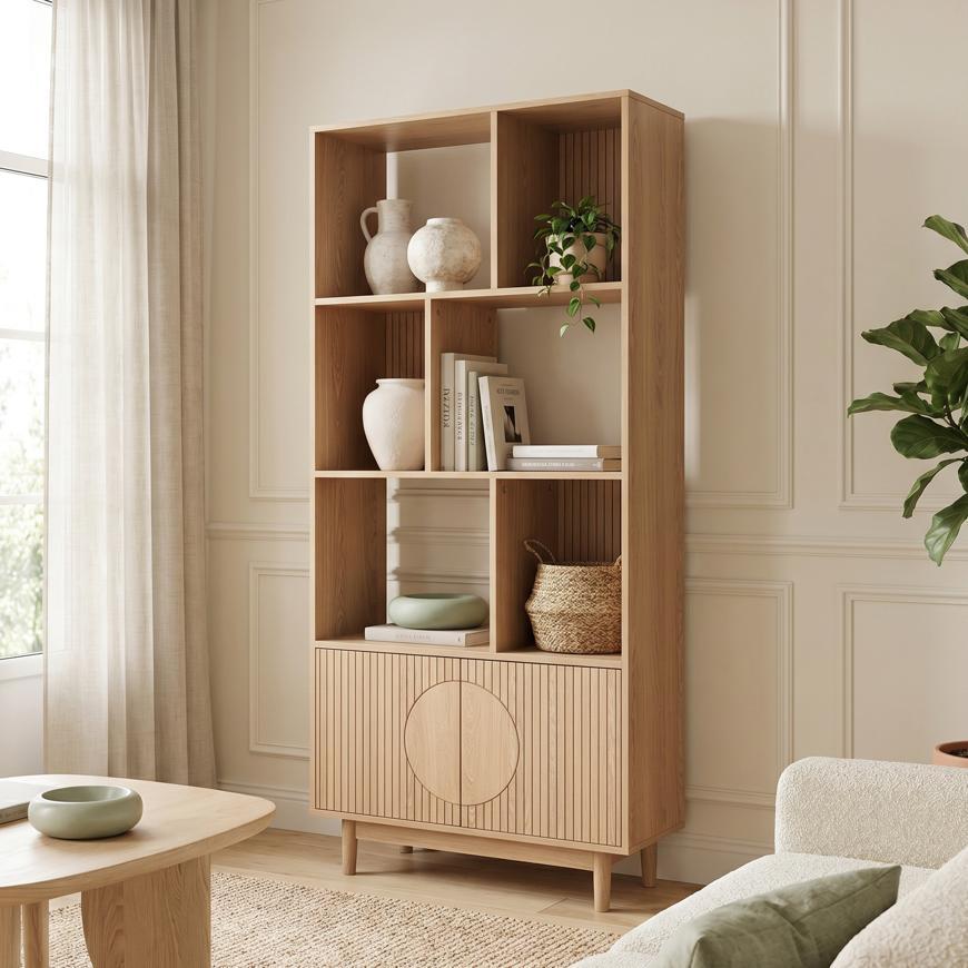 Sicaan Bibliothèque Scandinave H.180cm, 2 Portes Et 6 Niches Finition Chêne - Lila
