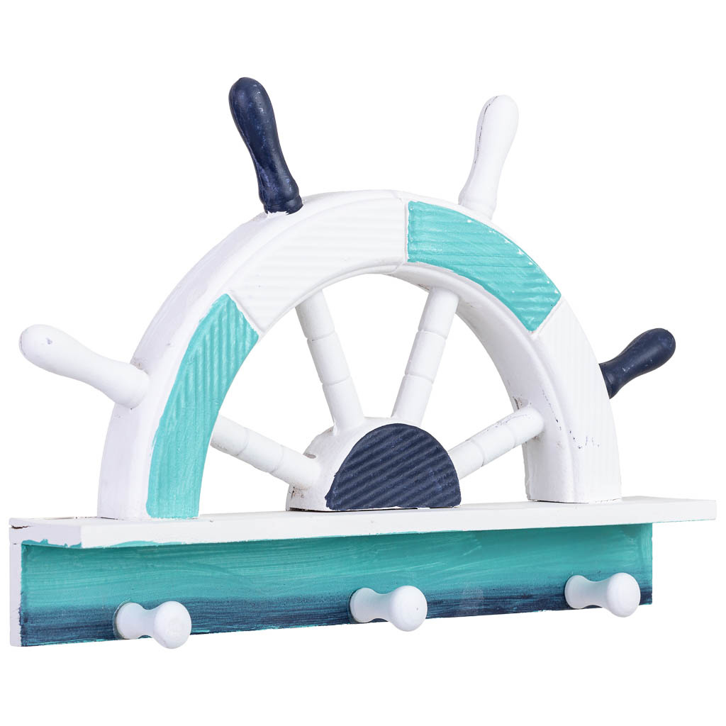 Porte-manteau Mural En Bois Avec 3 Crochets Et Barre De Navire Bleue, 32 X 5 X 21 Cm
