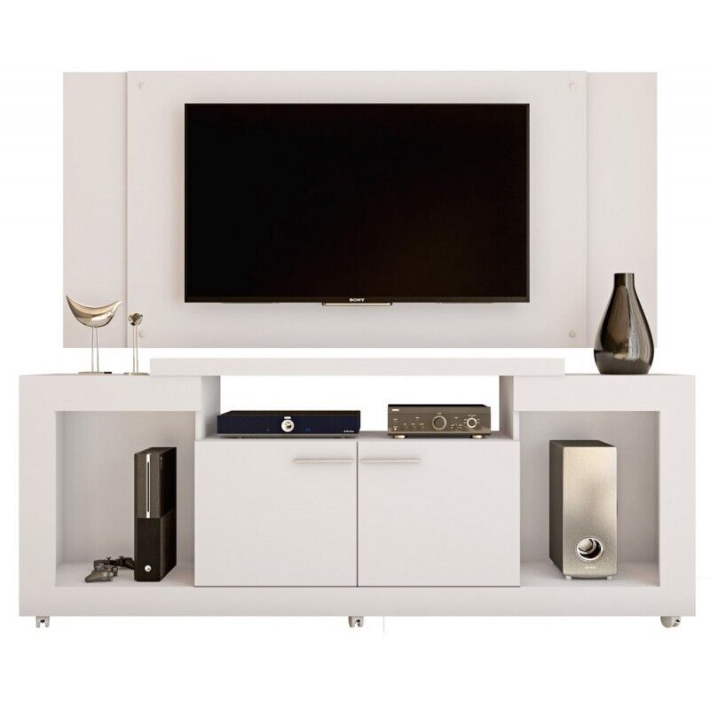 Beaux Meubles Pas Chers - Meuble Tv Mural 55 Pouces Blanc 5 Niches Roulettes L 173 H 160.5 P 38.5 Cm