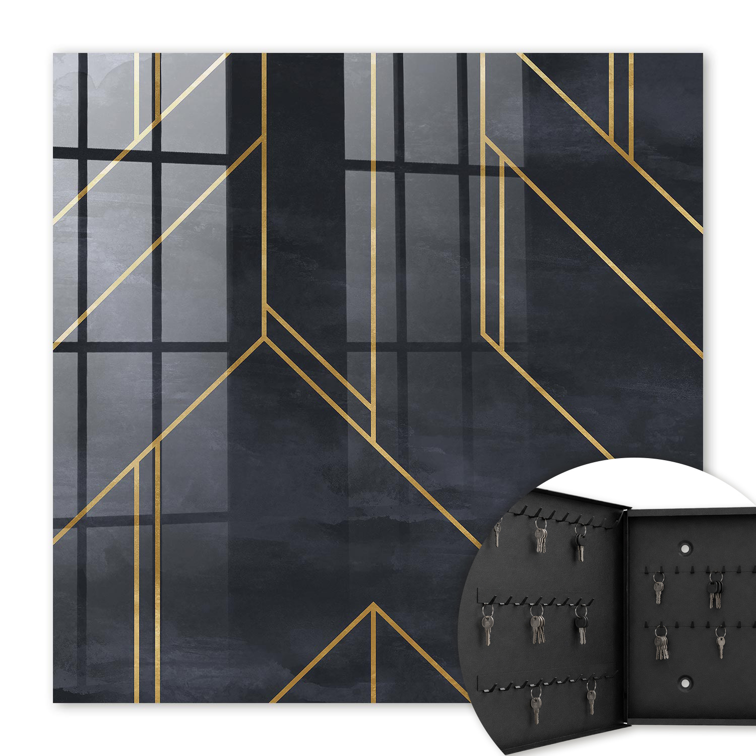 Armoire À Clés - (30 Cm X 30 Cm) - Boîte À Clés Murale - Coffret De Rangement Pour Clés - Couleur Noire - Ouverture Vers La Gauche - Pour Maison Et Bureau - Structure Géométrique