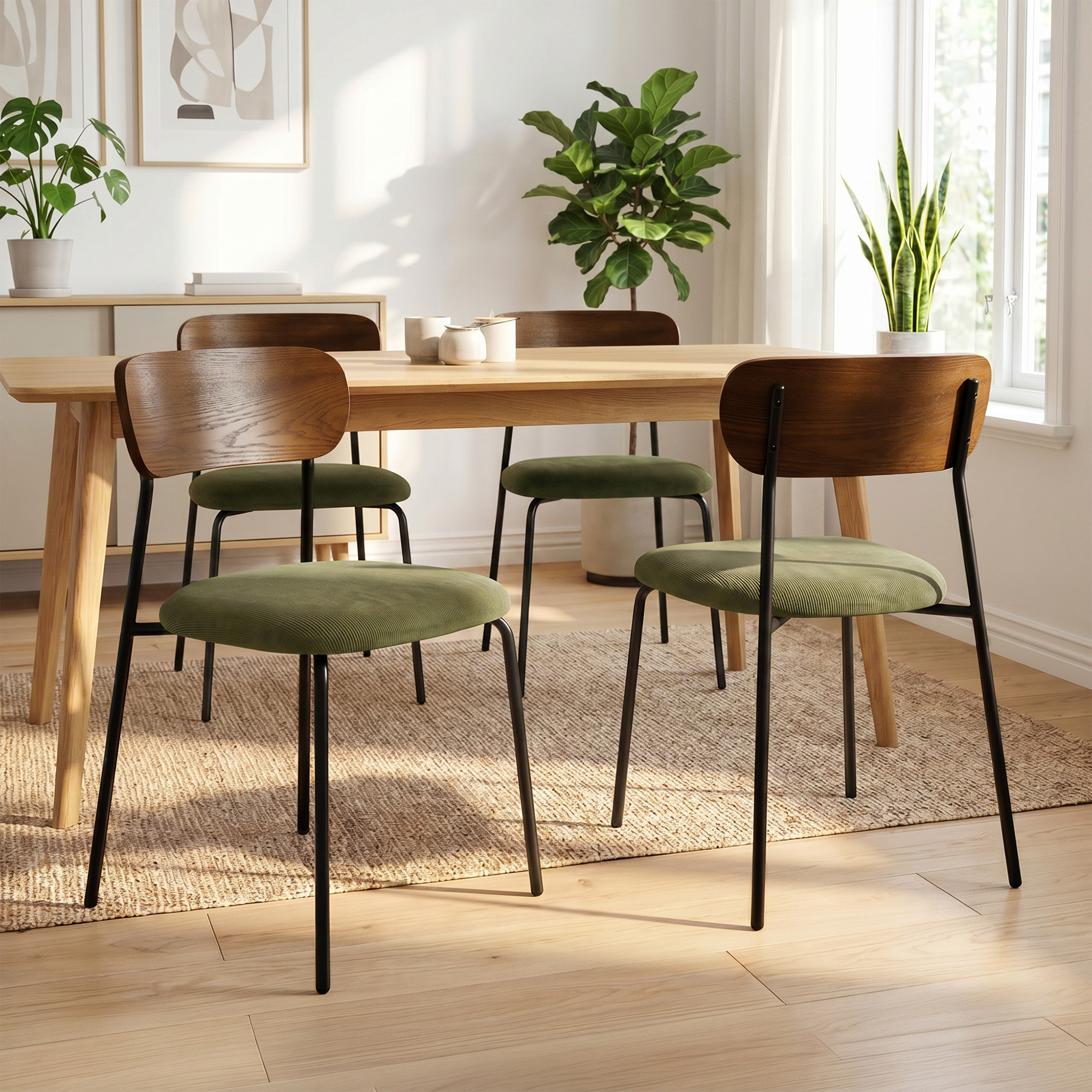 Sicaan Lot De 4 Chaises Scandinaves Velours Côtelé Kaki Et Placage Frêne Pieds Métal Noir - Olivia