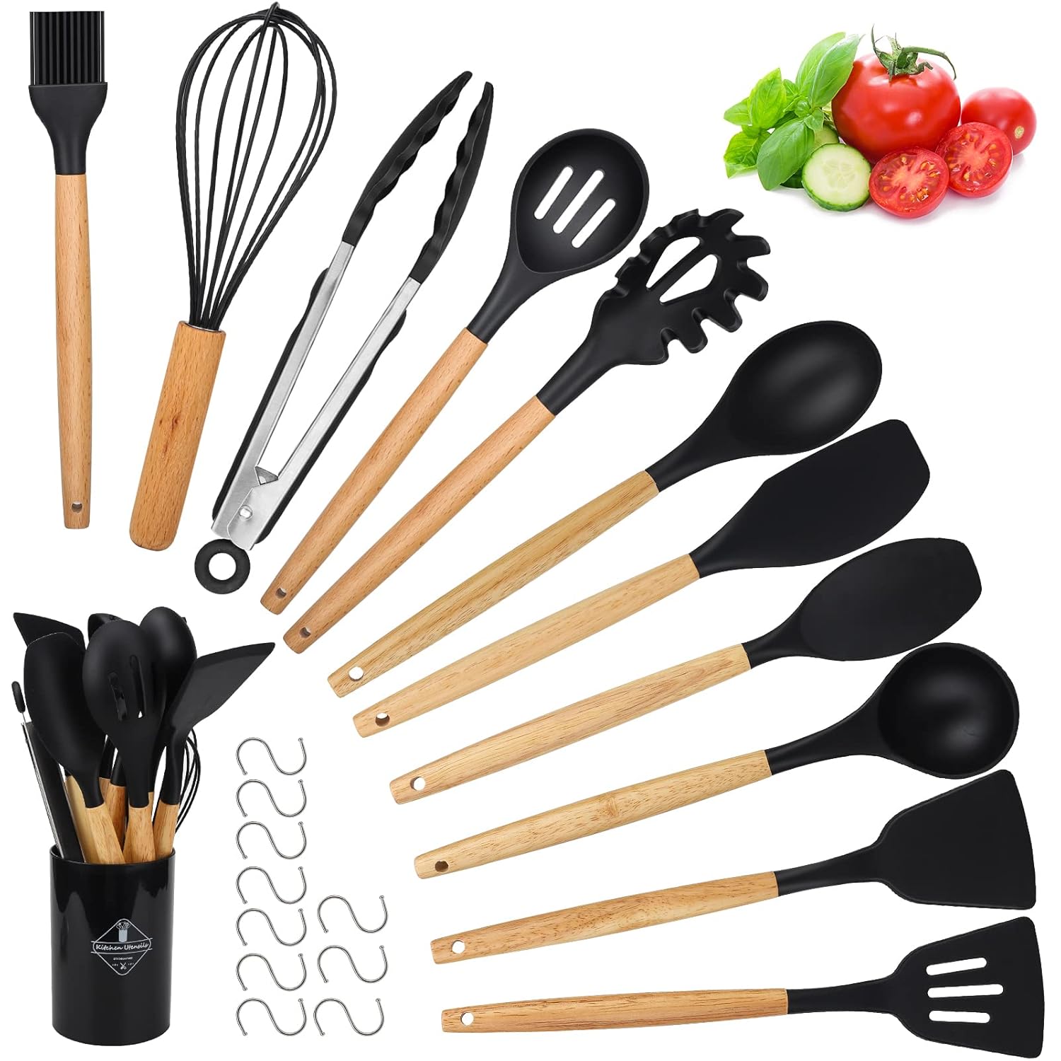 Set De 22 Ustensiles De Cuisine Résistante À Chaleur Avec Manche En Bois - 10 Crochets En S Noir