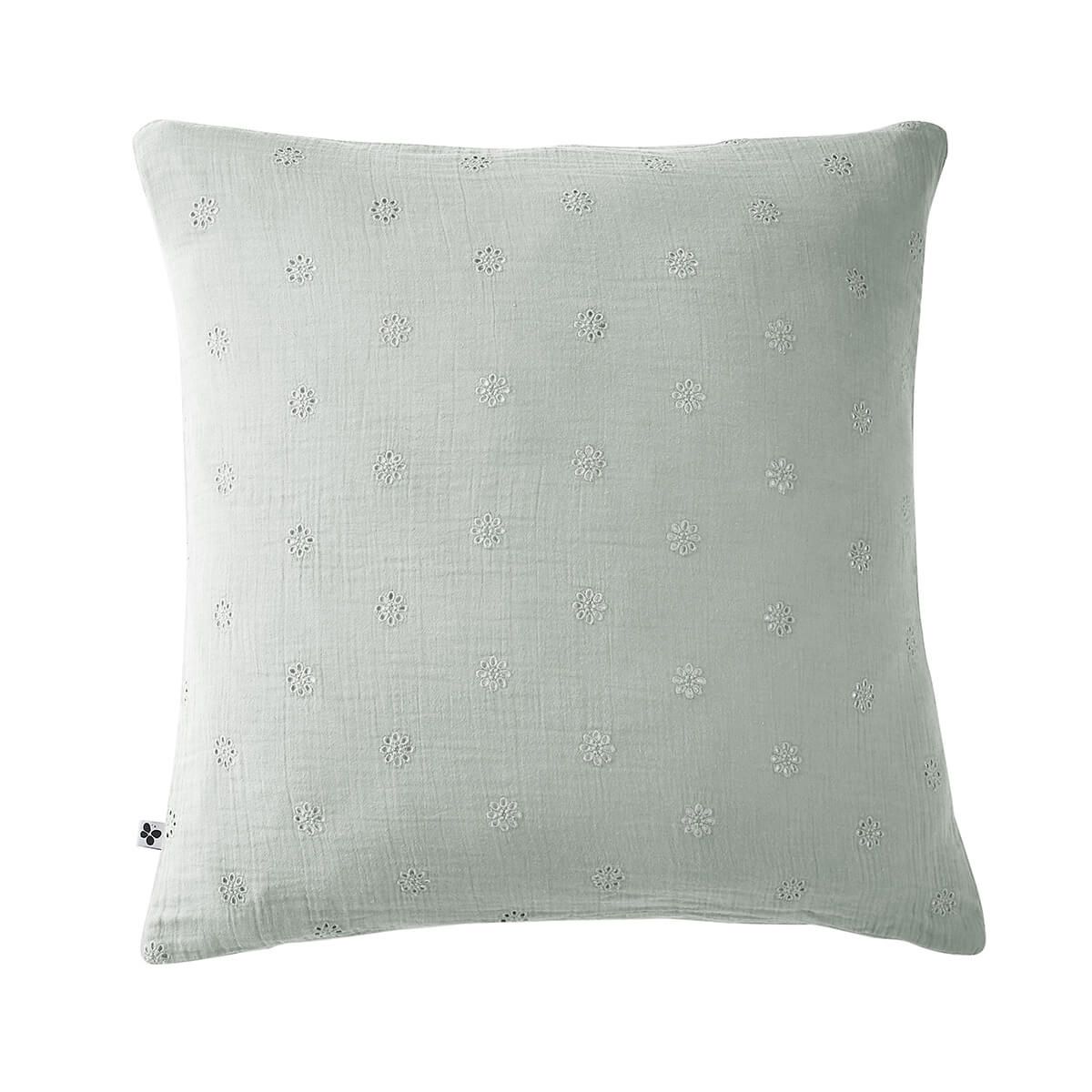 Ourea Motif - Taie D'oreiller 60x60cm Gaze De Coton Eucalyptus À Fleurs Ajourées