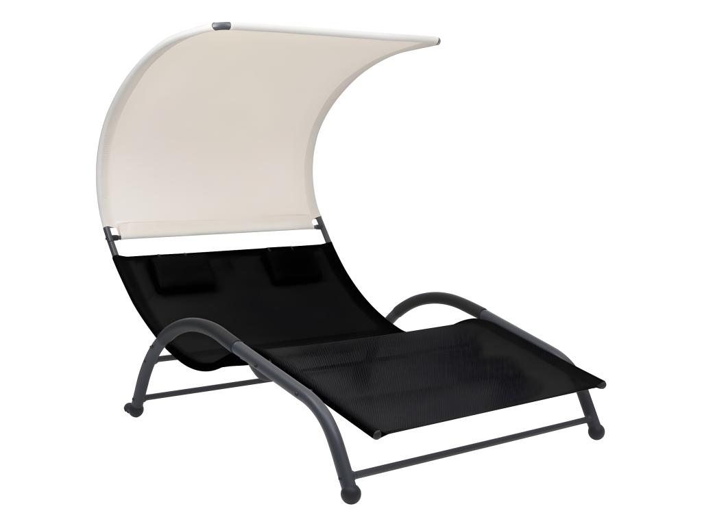 Transat Chaise Longue Bain De Soleil Lit De Jardin Terrasse Meuble D'extérieur Double Avec Auvent Textilène Noir 02_0012