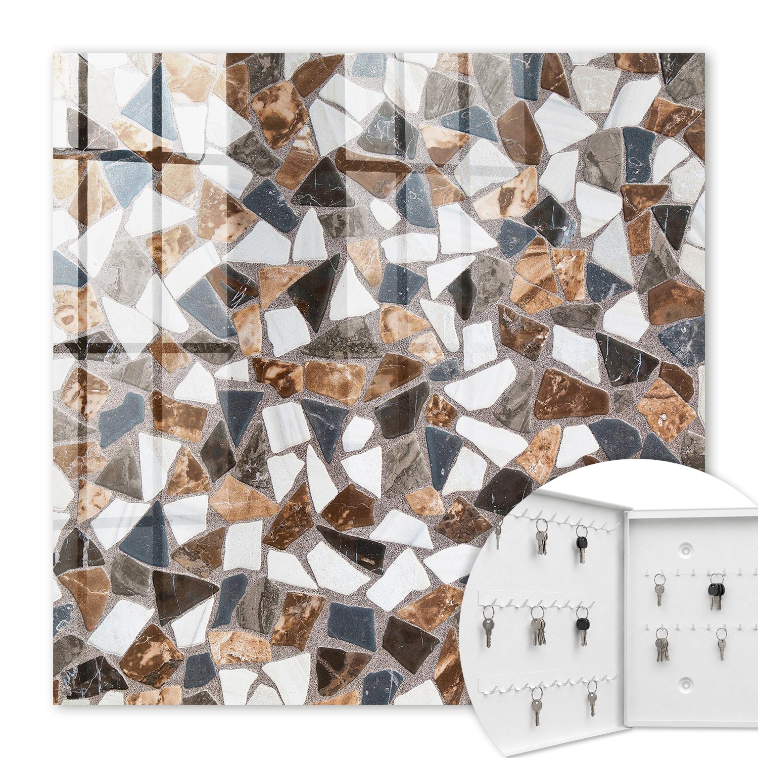 Armoire À Clés - (30 Cm X 30 Cm) - Boîte À Clés Murale - Coffret De Rangement Pour Clés - Couleur Blanche - Ouverture Vers La Gauche - Pour Maison Et Bureau - Mosaïque Géométrique