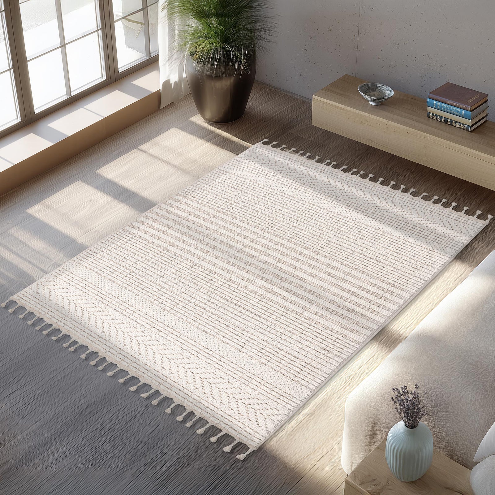 Luxor - Tapis Tissé À Franges Écru - 160x230 Cm