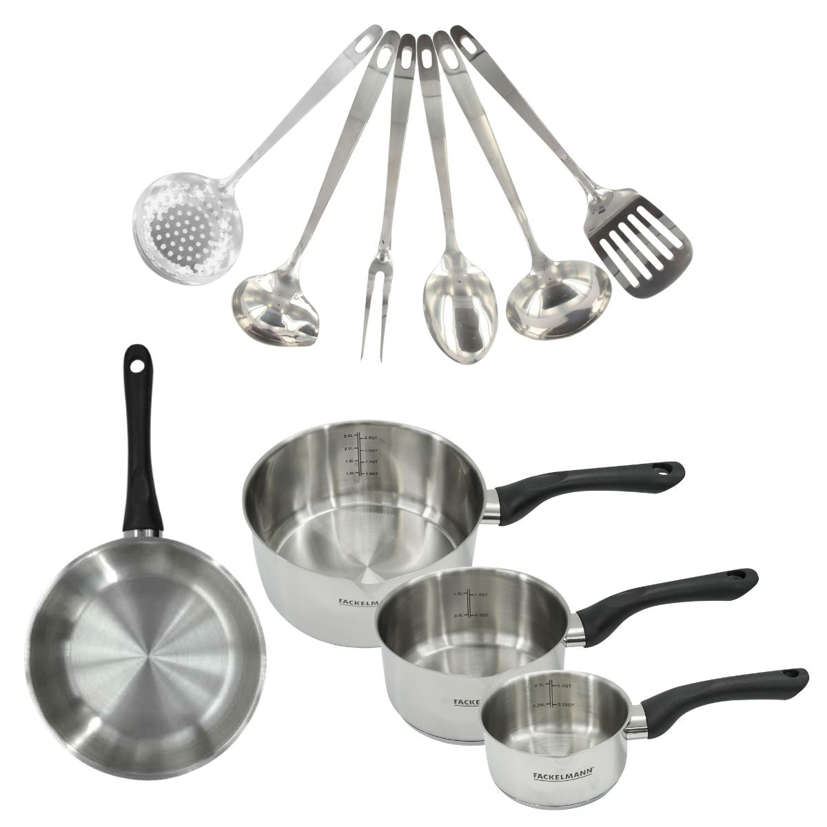 Set 1 Poêle 20 Cm, 3 Casseroles En Inox Et 6 Ustensiles Inox Fackelmann Geneva