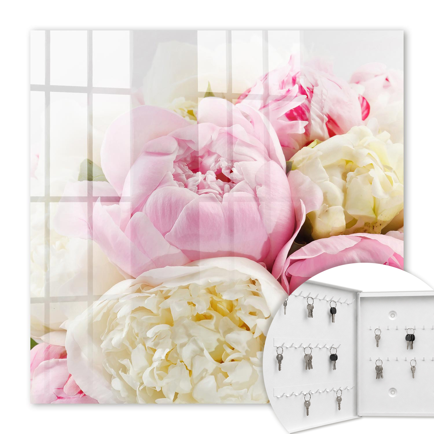 Armoire À Clés - (30 Cm X 30 Cm) - Boîte À Clés Murale - Coffret De Rangement Pour Clés - Couleur Blanche - Ouverture Vers La Gauche - Pour Maison Et Bureau - Fleurs Pastel