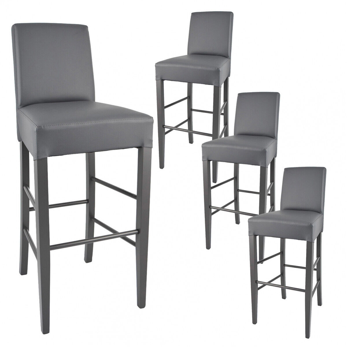 Tony - Lot De 4 Tabourets Laqués Gris Et Assise Simili Cuir Gris