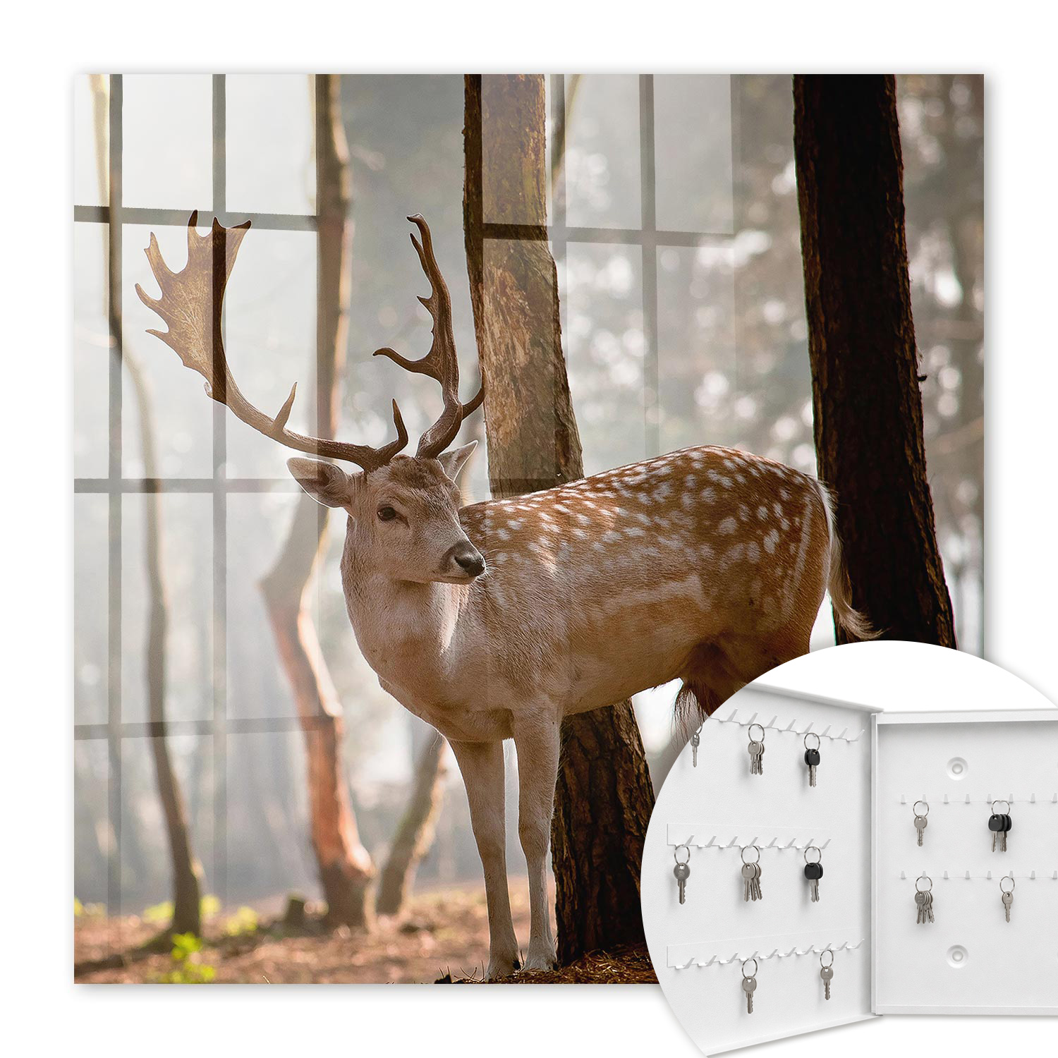Armoire À Clés - (30 Cm X 30 Cm) - Boîte À Clés Murale - Coffret De Rangement Pour Clés - Couleur Blanche - Ouverture Vers La Gauche - Pour Maison Et Bureau - Cerfs Dans La Forêt