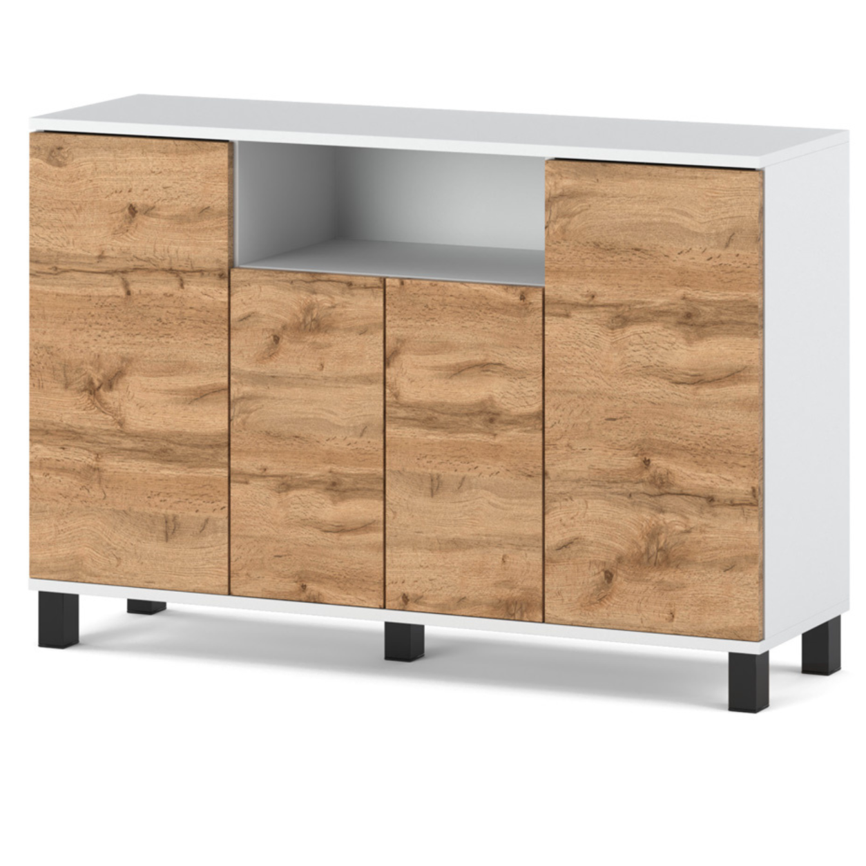Commode Blanc + Chêne Wotan 120 Cm 4 Portes - Meuble Tv Moderne Pour Salon Et Chambre - Buffet De Rangement Design