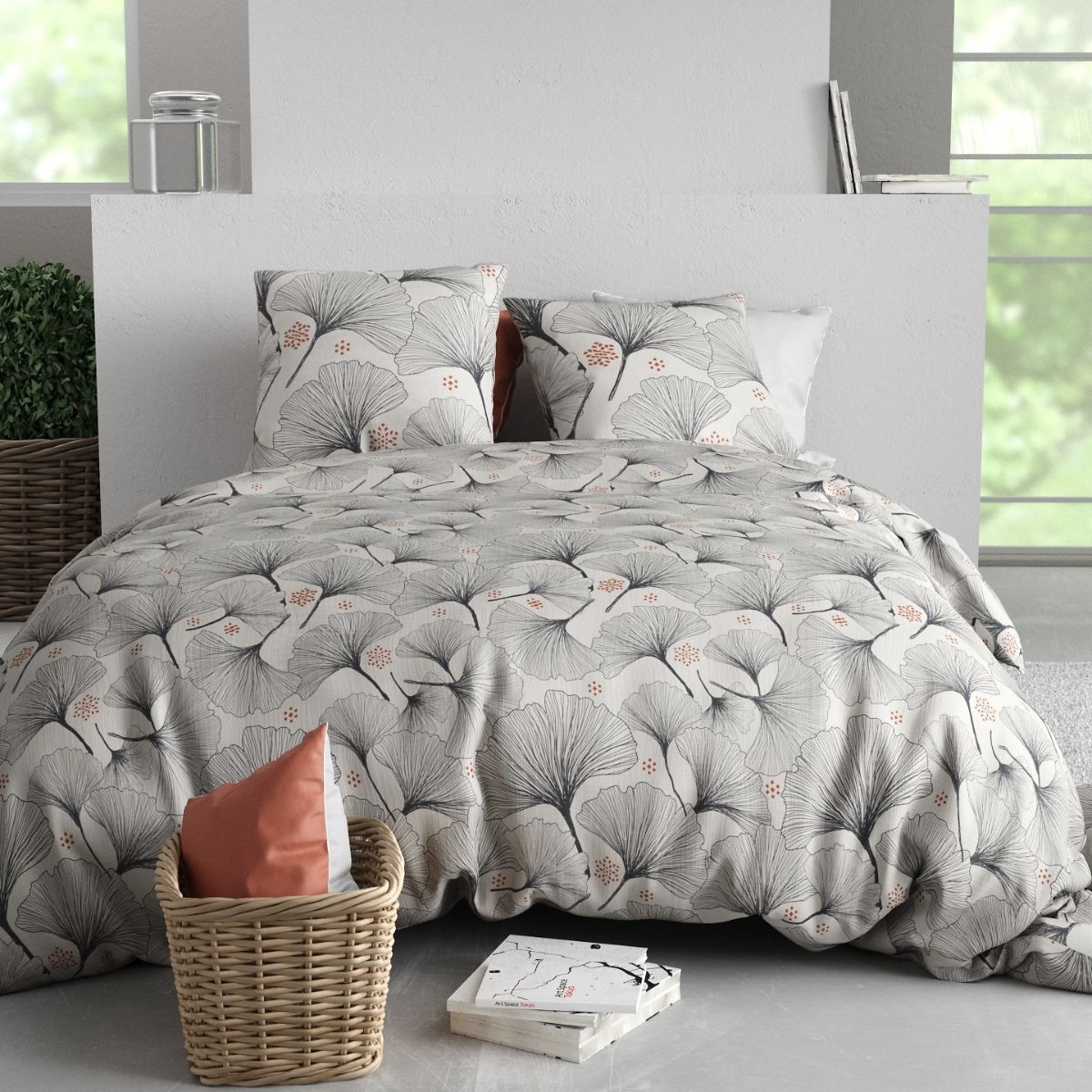 Parure Housse De Couette 260x240cm + 2 Taies Motif Feuillage Ginko Gris 100% Coton - Frezia