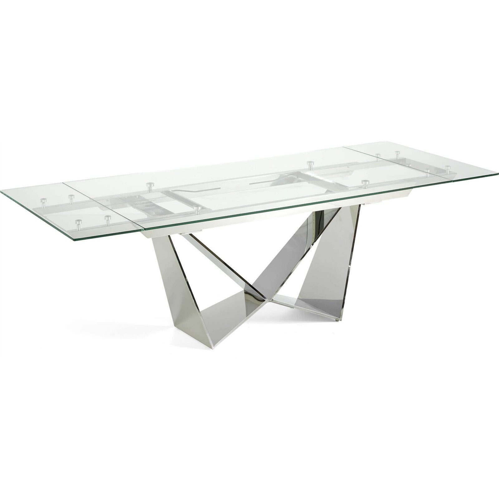 Table De Diner Extensible Plateau Verre Trempé Base Acier Inoxydable Chromé - Transparent, Acier Chrome