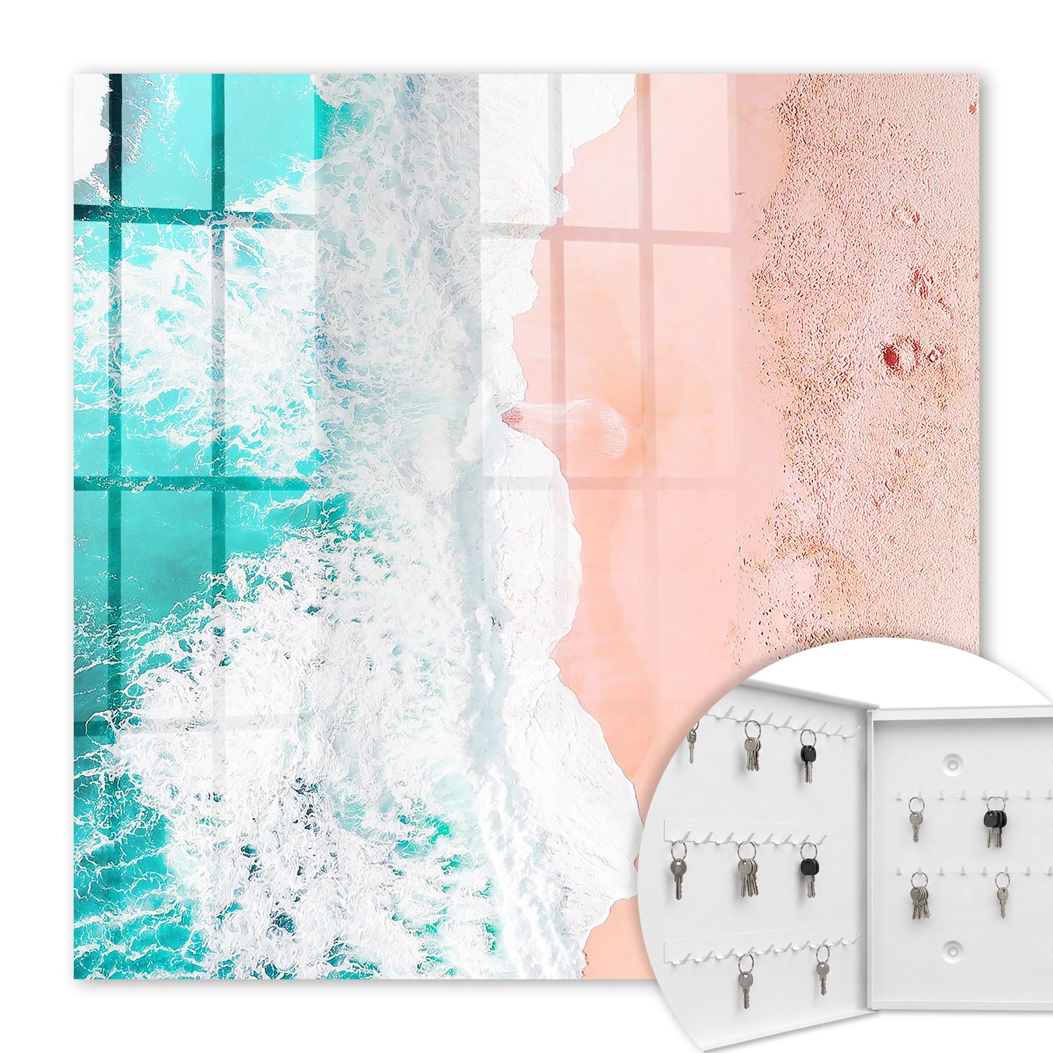 Armoire À Clés - (30 Cm X 30 Cm) - Boîte À Clés Murale - Coffret De Rangement Pour Clés - Couleur Blanche - Ouverture Vers La Gauche - Pour Maison Et Bureau - Océan Et Plage
