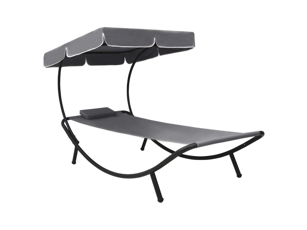 Lit De Repos Transat Chaise Longue D'extérieur 200 Cm Avec Auvent Et Oreiller Gris 02_0012006
