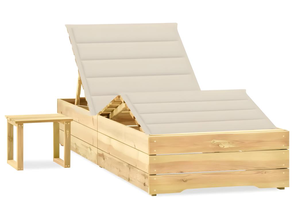 Transat Chaise Longue Bain De Soleil Lit De Jardin Terrasse Meuble D'extérieur 198 Cm Avec Table Et Coussin Pin Imprégné
