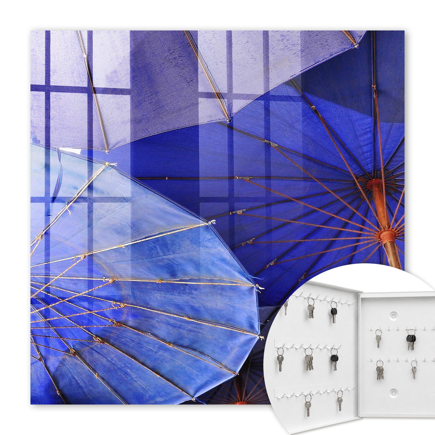 Armoire À Clés - (30 Cm X 30 Cm) - Boîte À Clés Murale - Coffret De Rangement Pour Clés - Couleur Blanche - Ouverture Vers La Gauche - Pour Maison Et Bureau - Parapluies Bleus