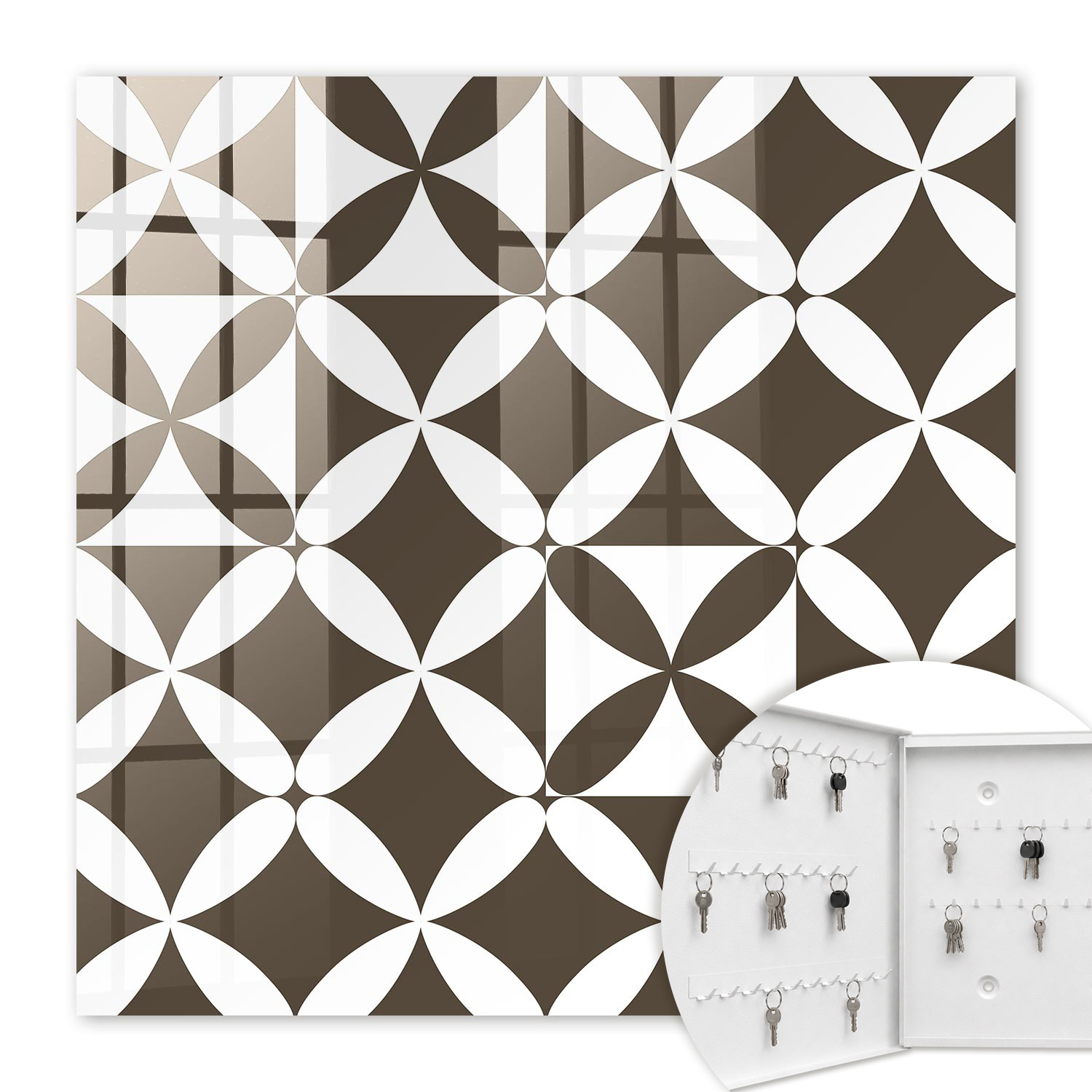 Armoire À Clés - (30 Cm X 30 Cm) - Boîte À Clés Murale - Coffret De Rangement Pour Clés - Couleur Blanche - Ouverture Vers La Gauche - Pour Maison Et Bureau - Composition Géométrique