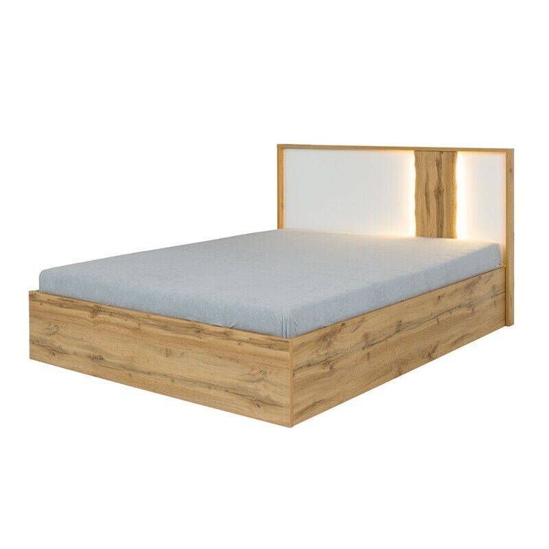 Lit Adulte Design Wood 160 X 200 Cm + Led Dans La Tête De Lit. Meuble Design Idéal Po