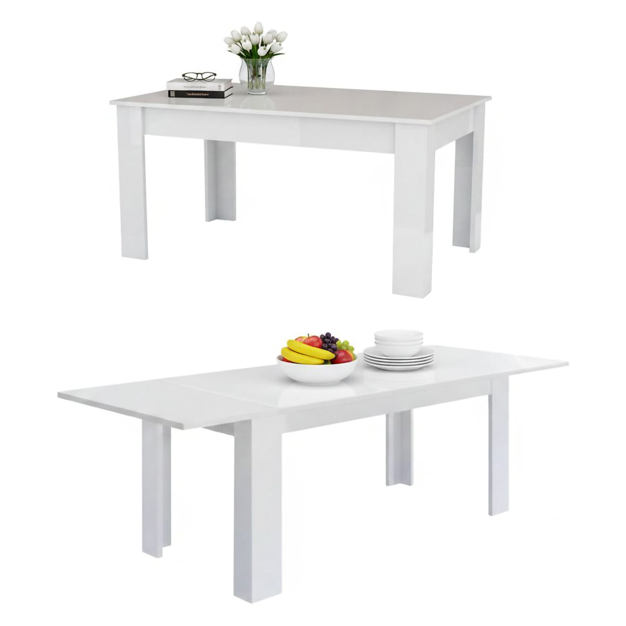 Table Extension,effet Bois,blanc Brillant,210x90h75 Cm