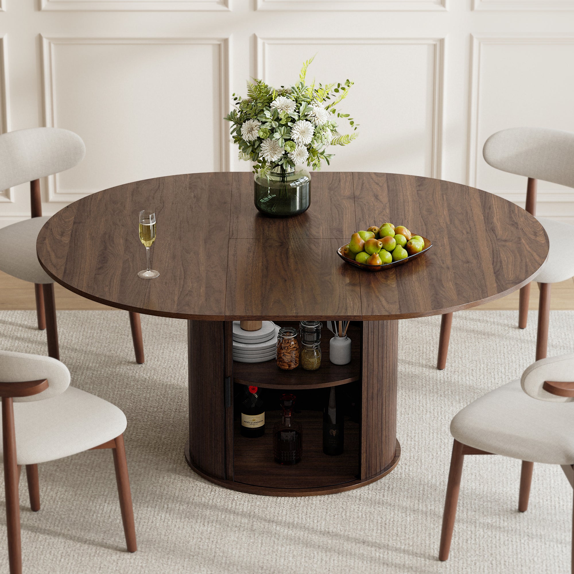 Table Extensible 6 Places En Bois Avec Rangement Intégré, Plateau Rabattable Et Pied Design, Noyer Foncé