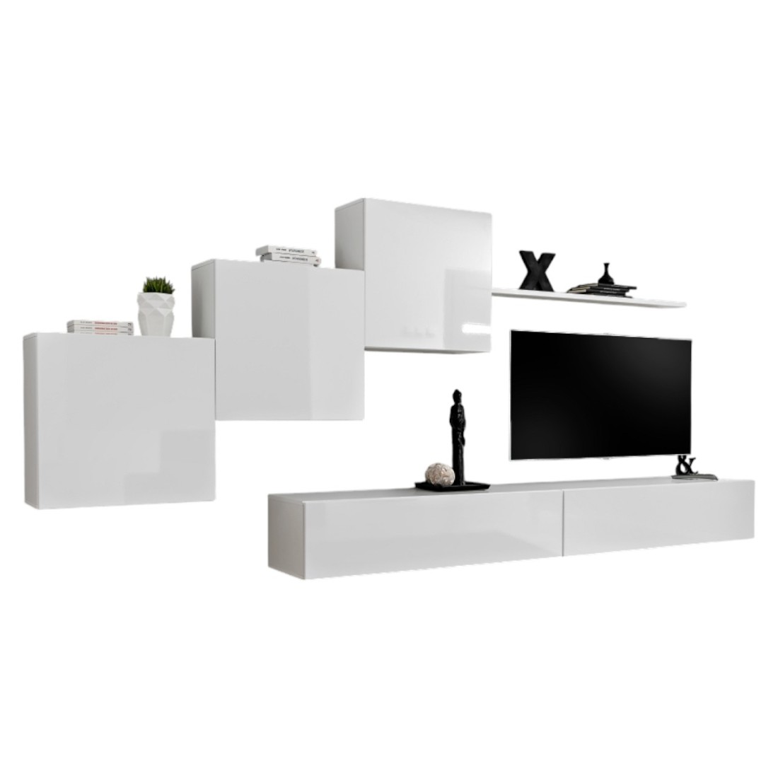 Composition Murale Switch X - Meuble Tv Mural, Cubes Suspendus Et Étagère - Blanc Bri