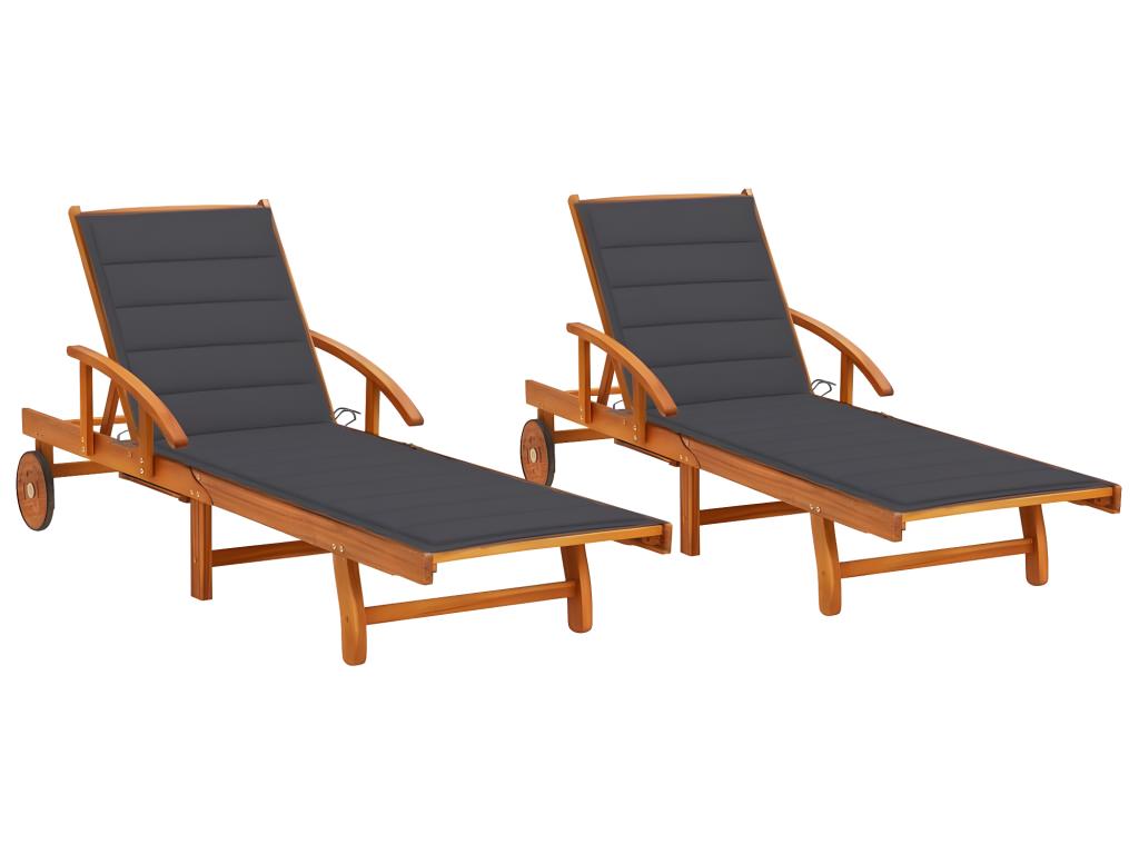 Lot De 2 Transats Chaise Longue Bain De Soleil Lit De Jardin Terrasse Meuble D'extérieur Avec Coussins Bois D'acacia Sol