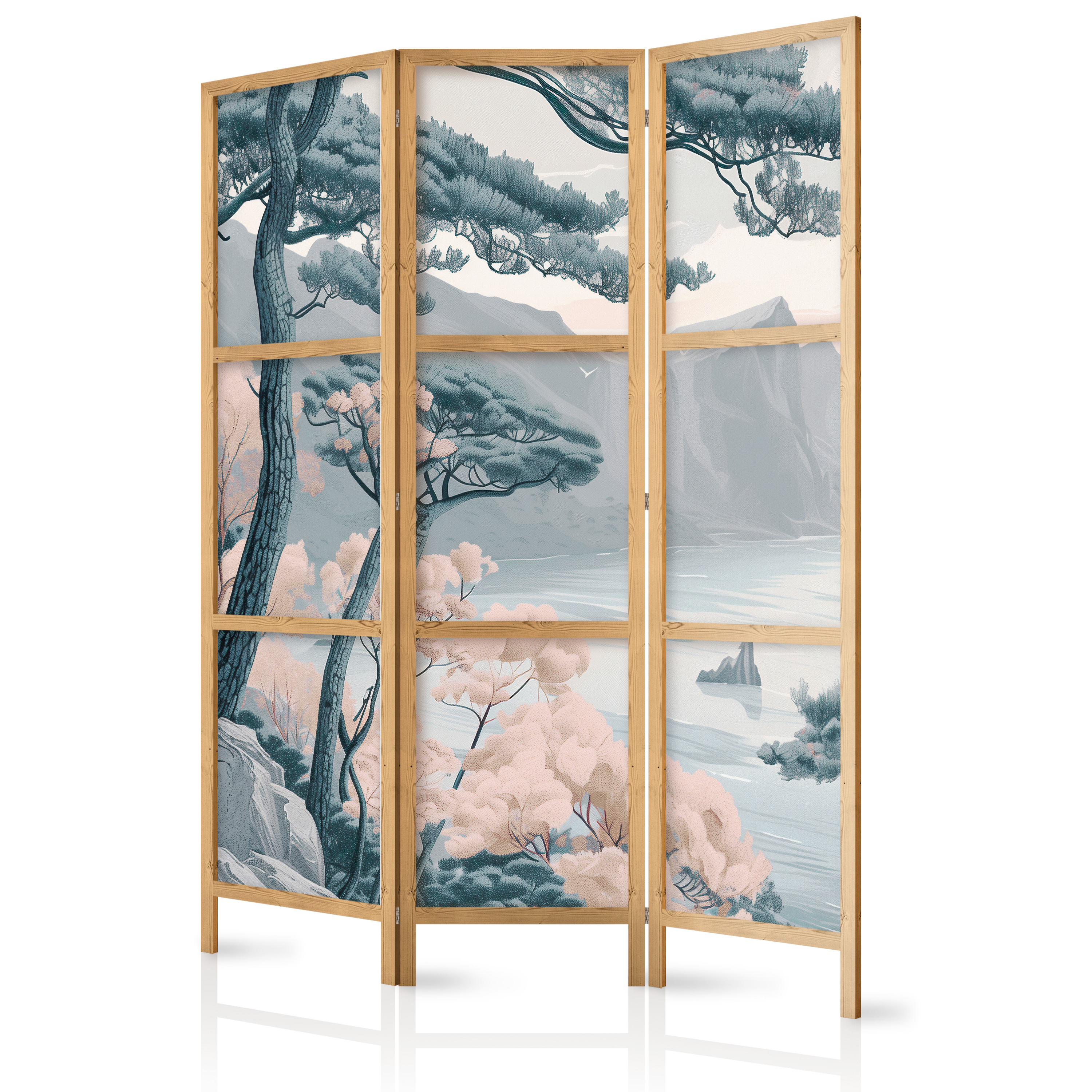 Paravent Japonais - Littoral Montagneux Dans Des Bleus Pastel Clairs. 135x172