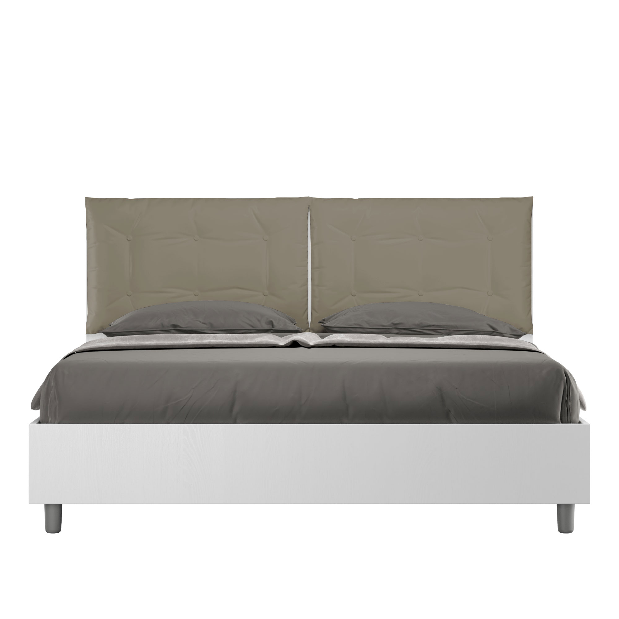 Lit Queen Size Avec Sommier 160x190 Frêne Blanc Coussins Similicuir Cappuccino Egos Annalisa