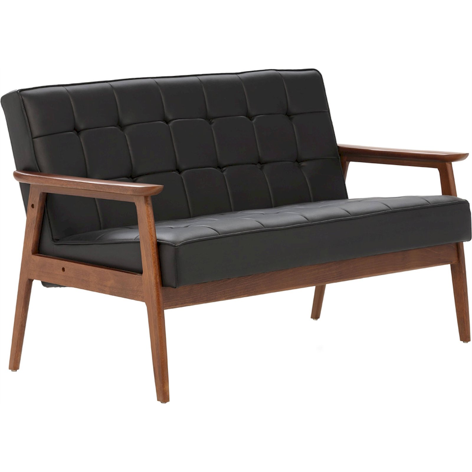 Canapé Vintage En Simili Cuir Noir Et Bois - Noyer, Noir