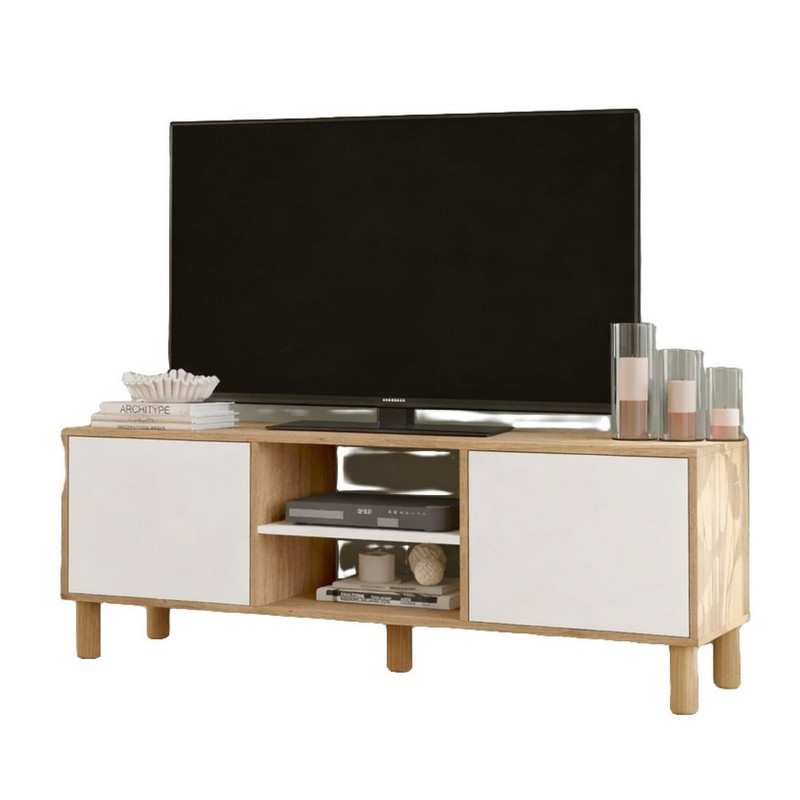 Meuble Tv 65 Pouces 2 Portes 4 Niches Chêne Et Blanc L 160 H 59.1 P 40 Cm