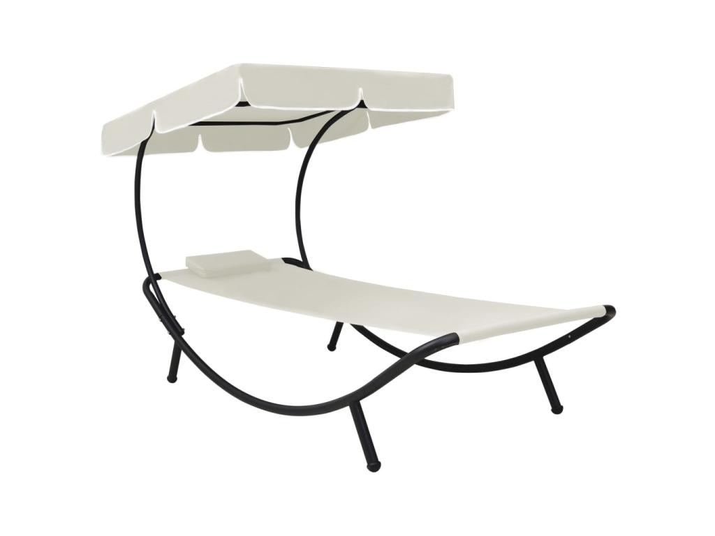 Transat Chaise Longue Bain De Soleil Lit De Jardin Terrasse Meuble D'extérieur Avec Auvent Et Oreiller Blanc Crème 02_00