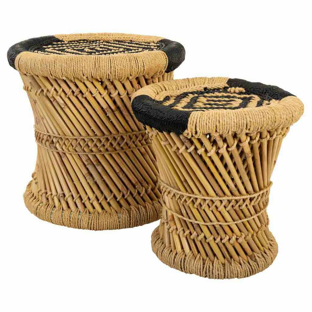 Jeu De Tabourets Alexandra House Living Noir Naturel Bambou Corde 38 X 38 X 38 Cm 2 Pièces