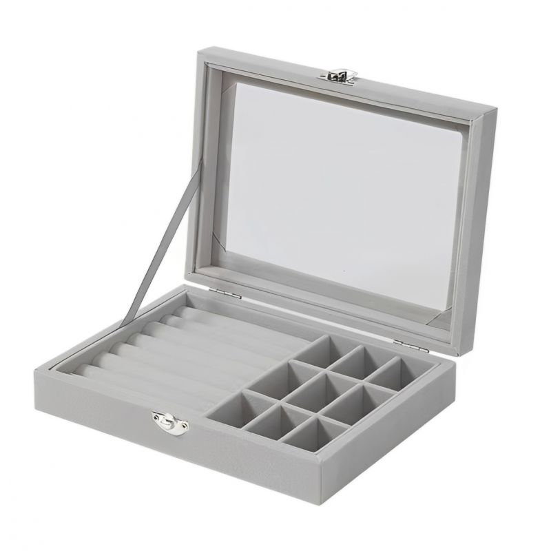 Organisateur De Bijoux En Velours Avec Couvercle En Verre 9 Grilles + 7 Emplacements Pour Bagues Herzberg Hg05361