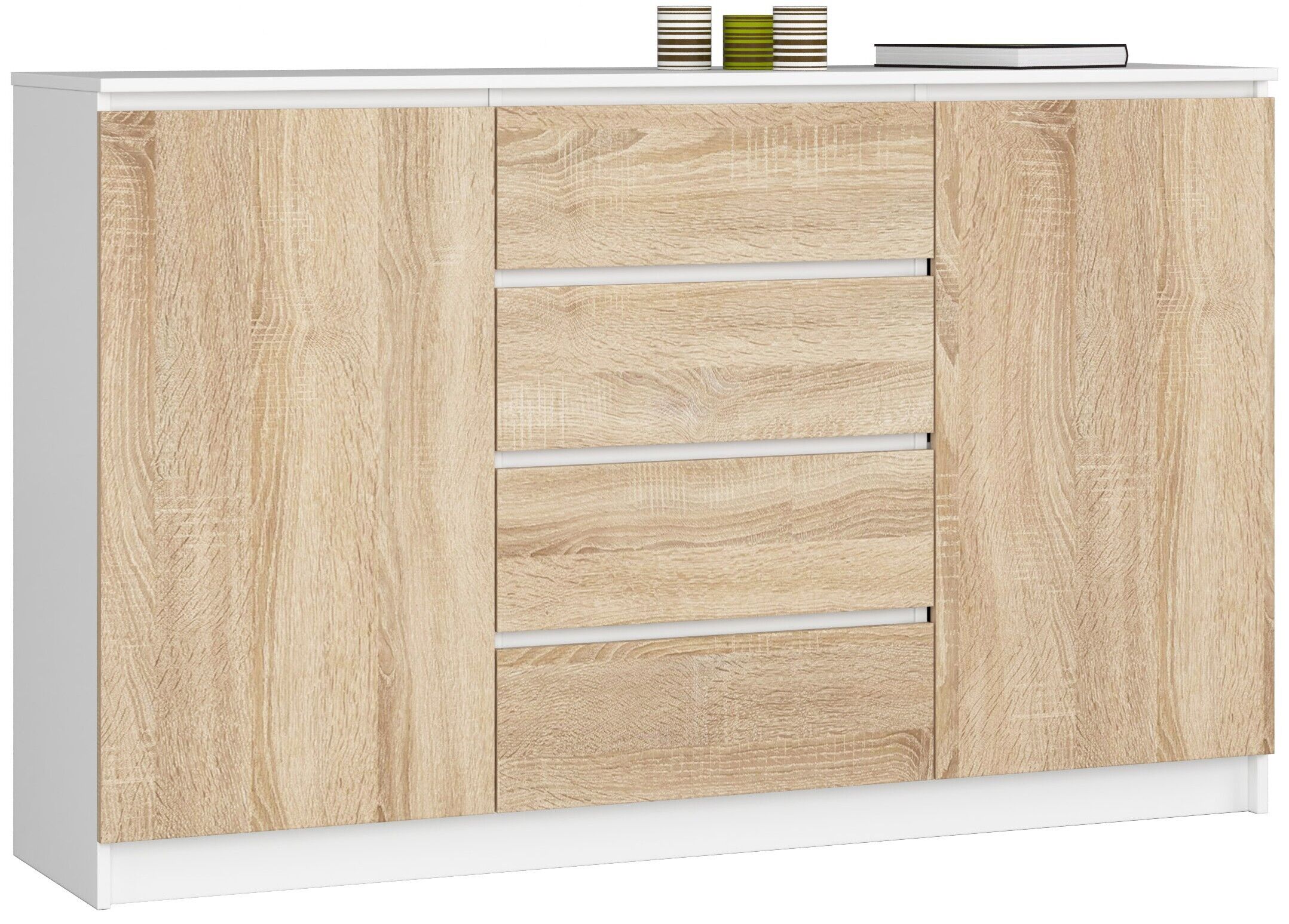 Grande Commode Pour Le Salon Akord K160 Blanche 160 Cm 2 Portes 4 Tiroirs Façade Chêne Sonoma 4 Étagères 160x40x99 Cm