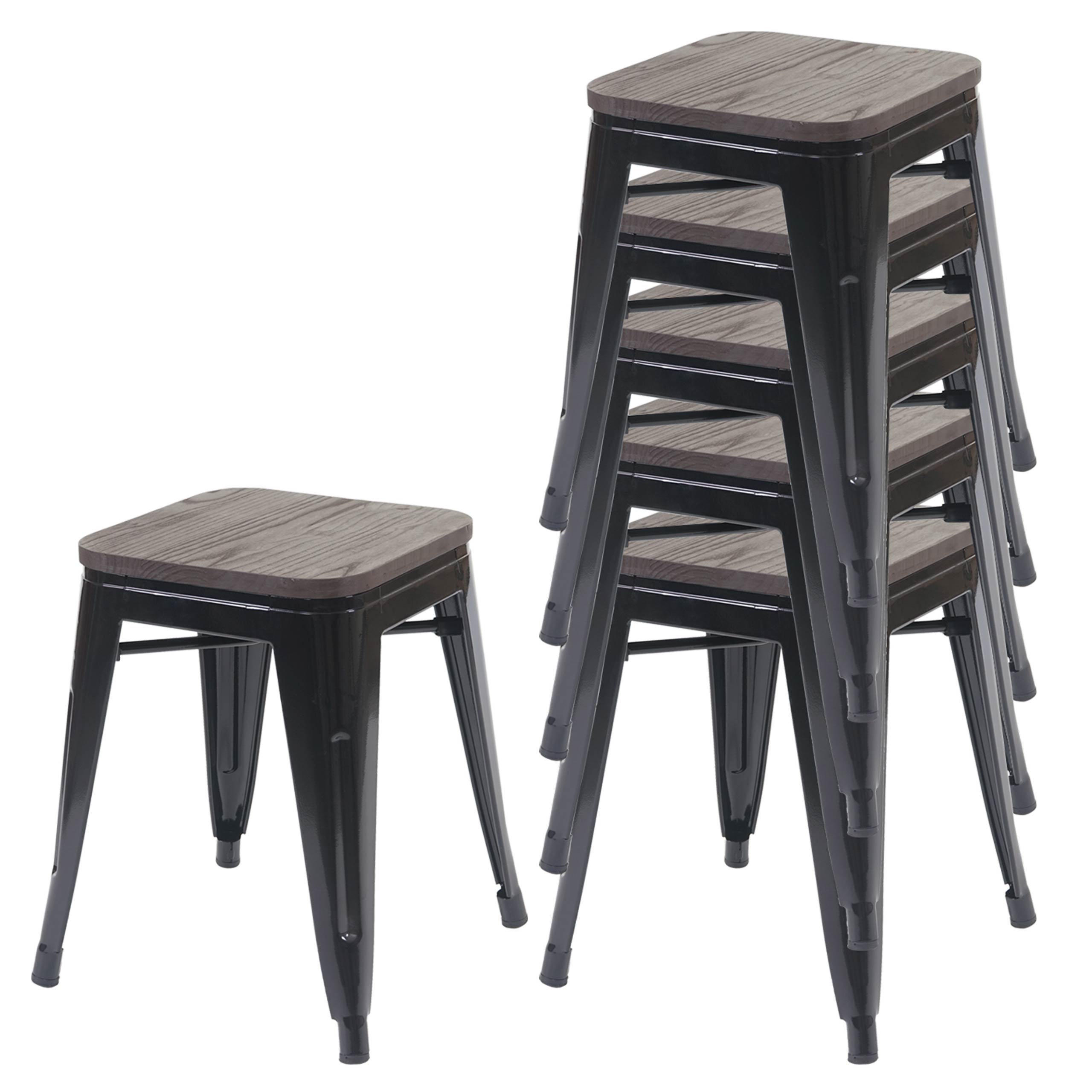 Lot De 6 Tabourets Bas Assise En Bois Cadre En Métal Noir Design Industriel 04_0007800