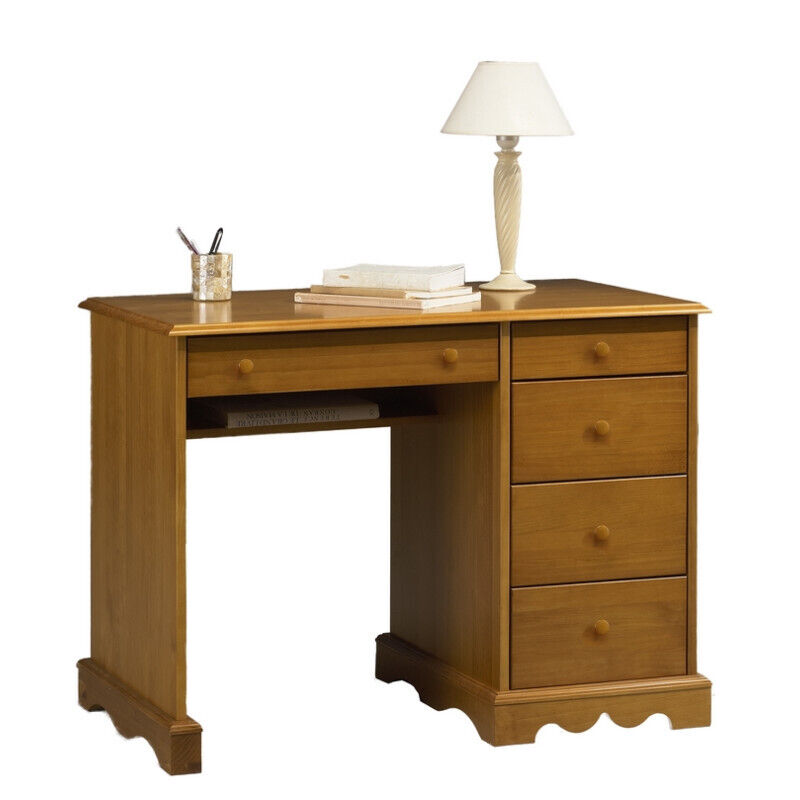 Bureau Beaux Meubles Pas Chers 5 Tiroirs 1 Étagère Miel Pin Massif