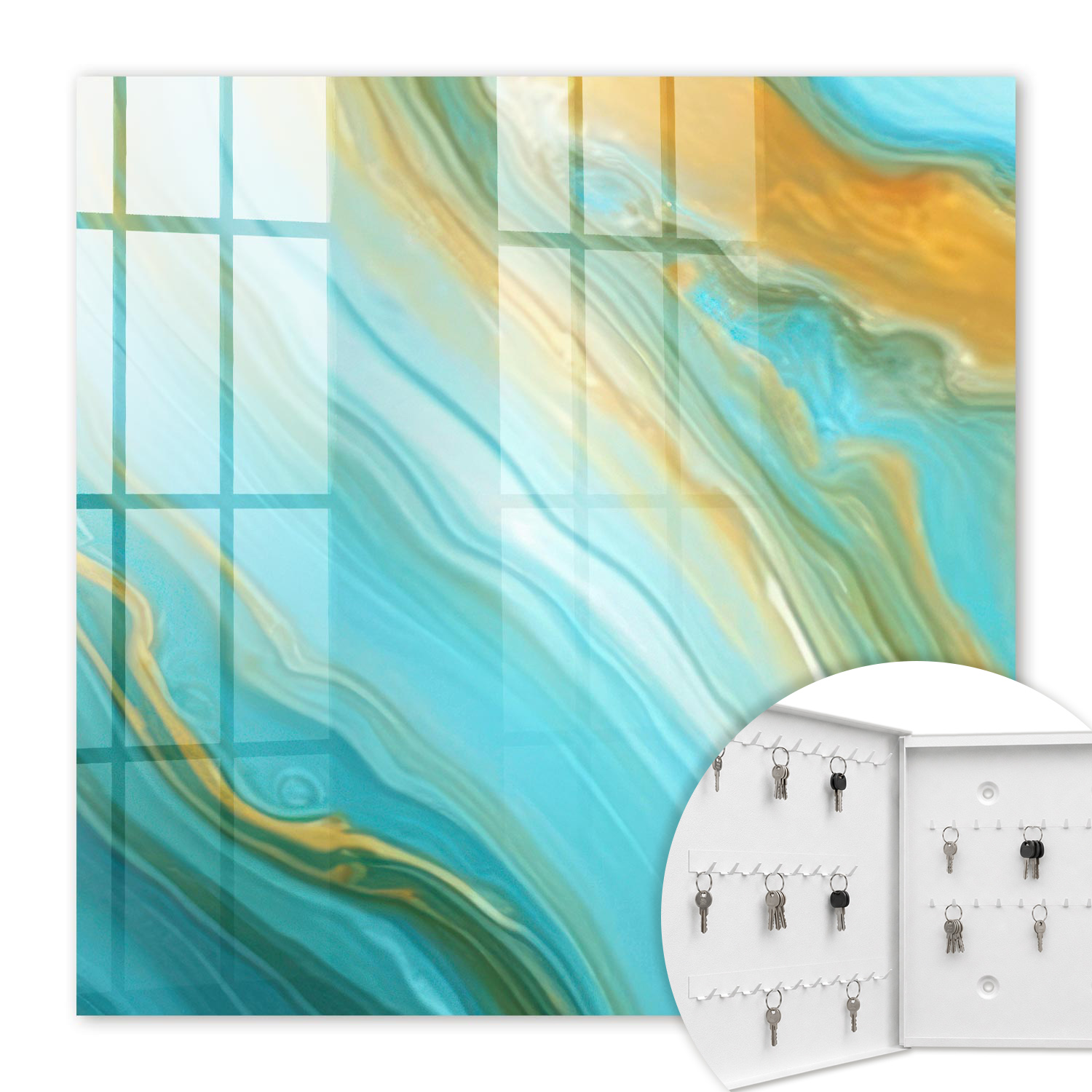 Armoire À Clés - (30 Cm X 30 Cm) - Boîte À Clés Murale - Coffret De Rangement Pour Clés - Couleur Blanche - Ouverture Vers La Gauche - Pour Maison Et Bureau - Vagues Colorées