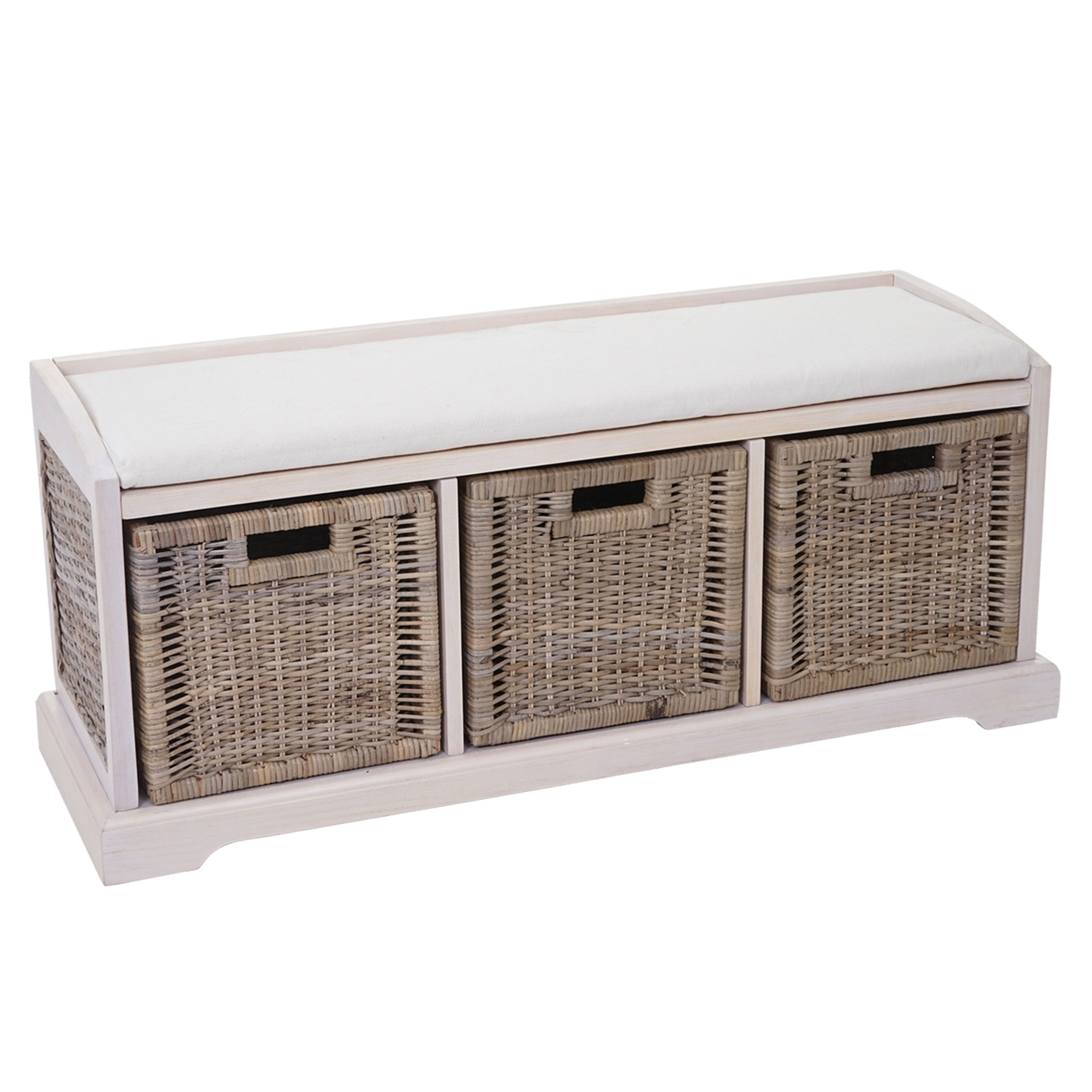 Banc De Rangement Avec 3 Paniers Et Coussin D'assise Rotin Kubu Et Bois D'acajou Blanc 112 Cm 040005824