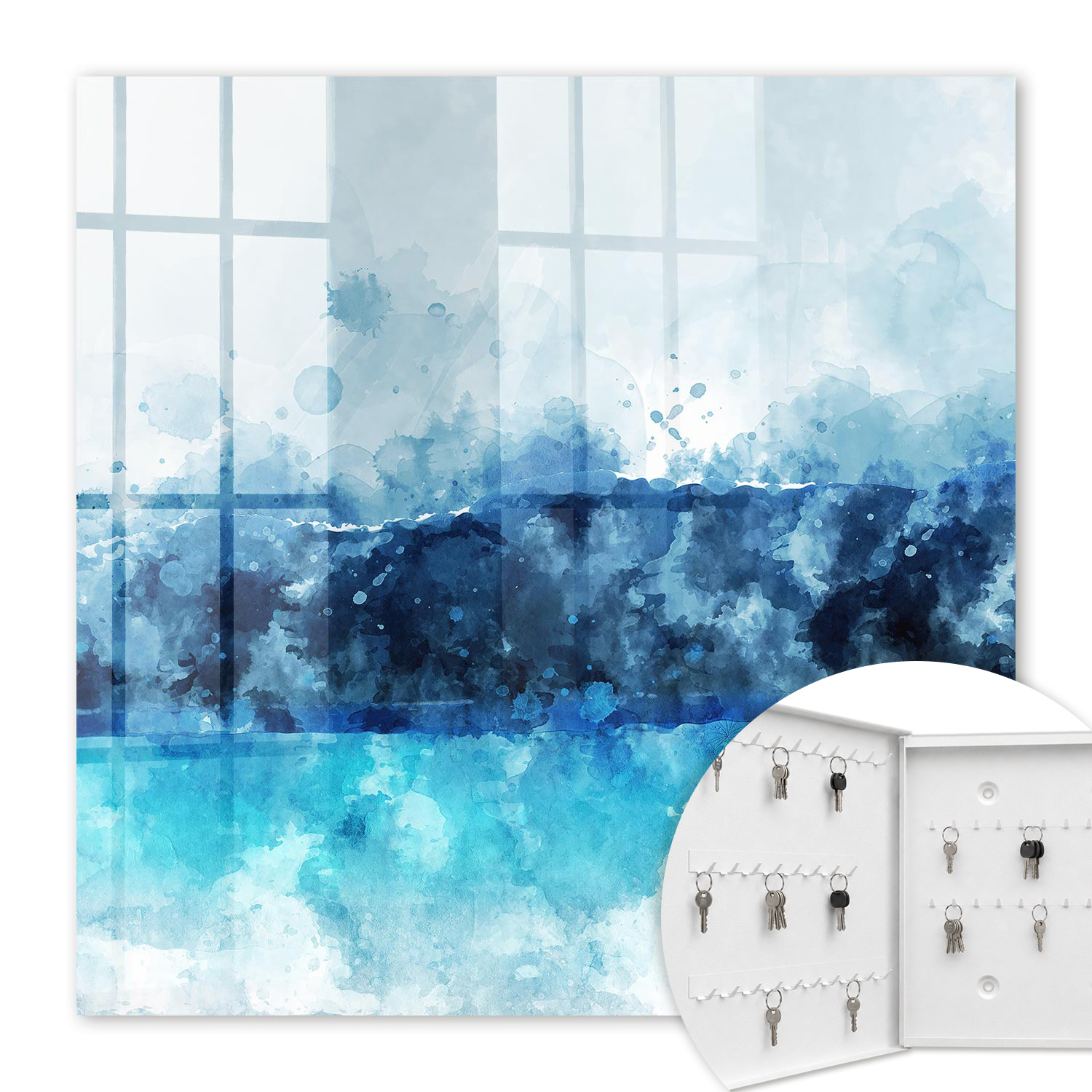 Armoire À Clés - (30 Cm X 30 Cm) - Boîte À Clés Murale - Coffret De Rangement Pour Clés - Couleur Blanche - Ouverture Vers La Gauche - Pour Maison Et Bureau - Paysage Turquoise
